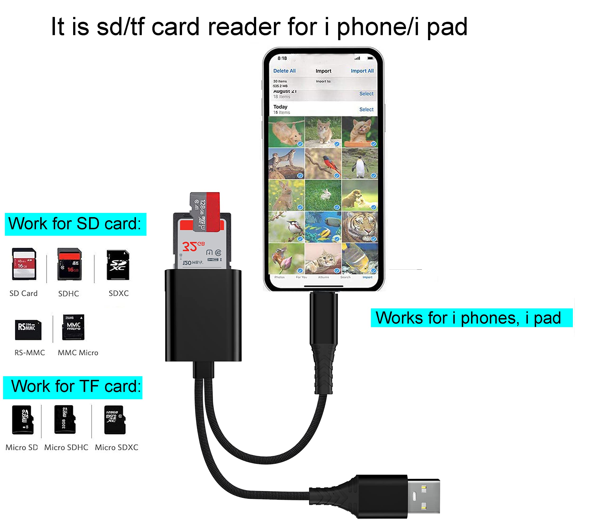 Jiadou 4-in-1 SD Card Reader for iPhone iPad - USB & Micro SD Card Adapter Compatible with iPhone 14/13/12, iPad Pro, Mac, Windows PC, PS5/PS4 | Transfer Photos & Videos for Travel, Photography & Gaming