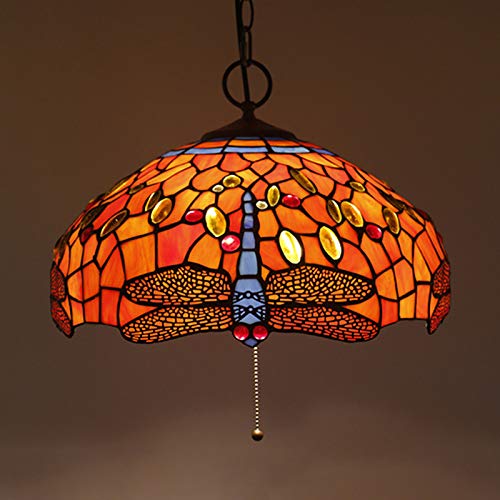 Rustic Dragonfly Stained Glass Pendant Light with Pull Chain - Vintage Orange Hanging Light Fixture for Restaurant, Cafe, Bar & Home Decor