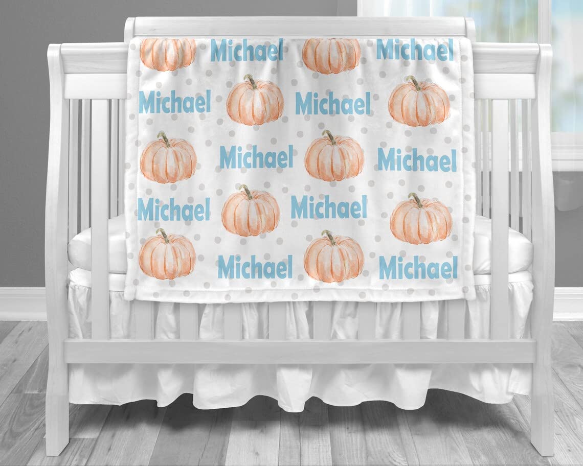 NAZENTI Personalized Baby Pumpkin Blanket - Soft Blue Polka Dot Fall Blanket for Boys & Girls - Custom Name Baby Shower Gift for Newborns - Perfect for Autumn Photo Shoots, Nursery Decor & Cozy Swaddling