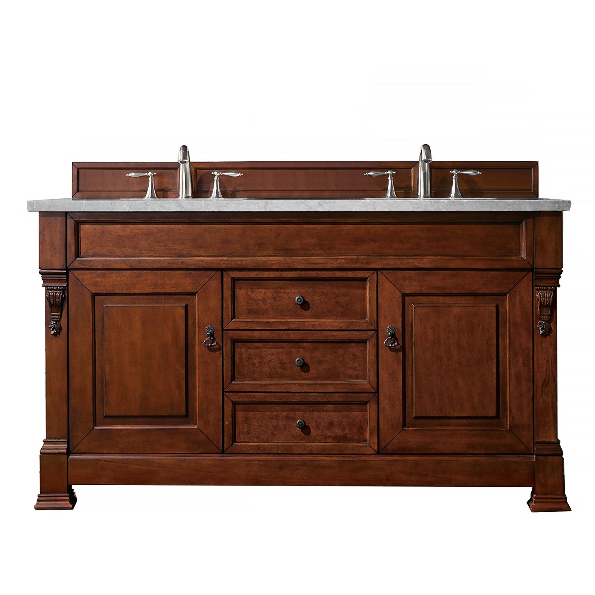 Brookfield 60-Inch Double Vanity with Warm Cherry Finish & 3CM Eternal Serena Quartz Top - Perfect for Modern Bathroom Renovations & Master Suites