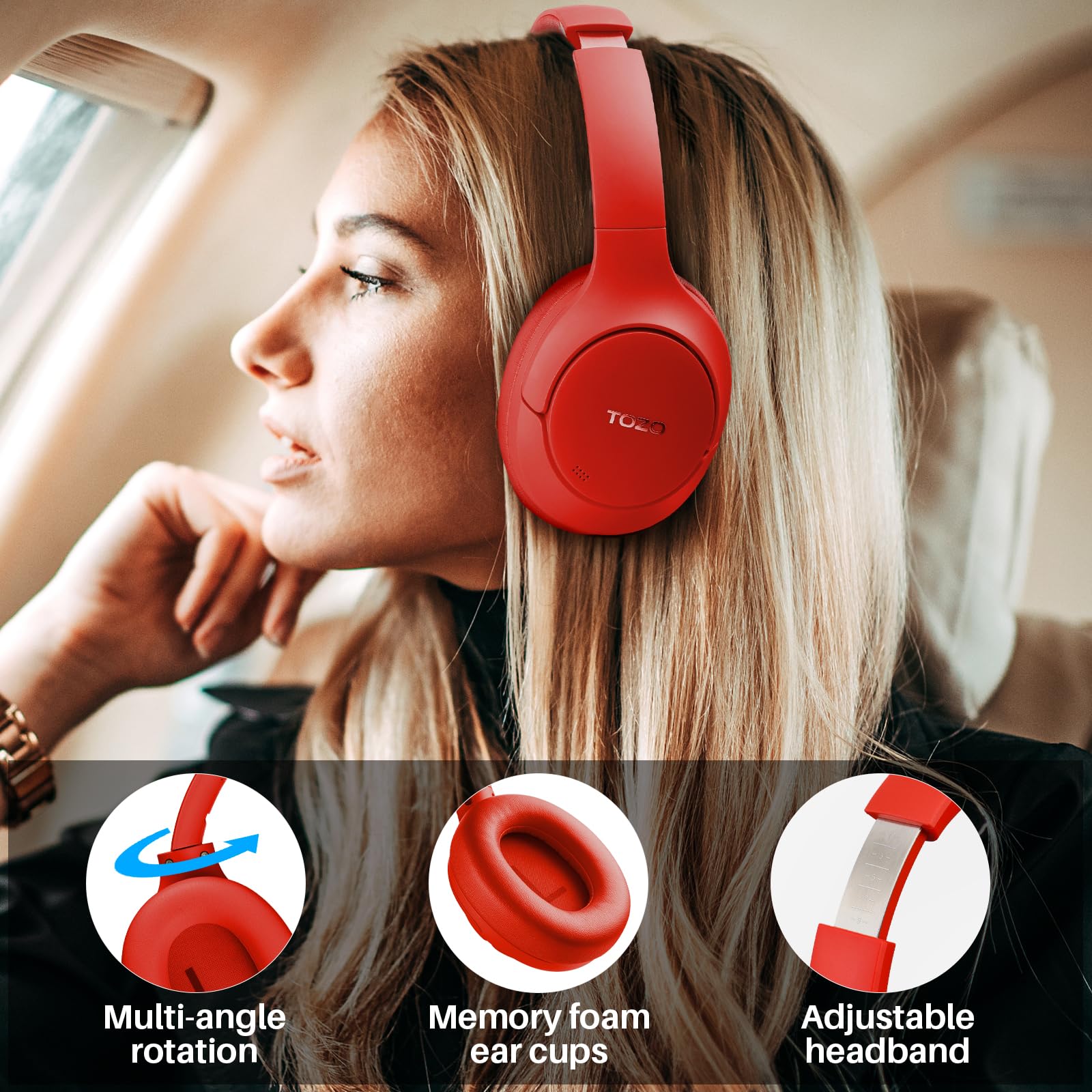 TOZO HT2 Hybrid Active Noise Cancelling Wireless Headphones - 60H Playtime, Hi-Res Audio, Deep Bass, Foldable & Lightweight Over-Ear Bluetooth Headphones for Workout, Travel & Office Use