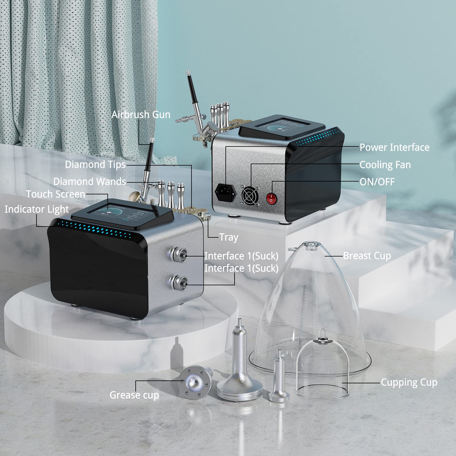 Professional 3-in-1 Vacuum Therapy Machine - 1800ml Large Cupping Cups, Diamond Microdermabrasion & Spray Gun - 80cmHg Max Suction for Body Sculpting, Cellulite Reduction & Skin Rejuvenation - Perfect for Home Spa, Beauty Salons & Professional Therapists