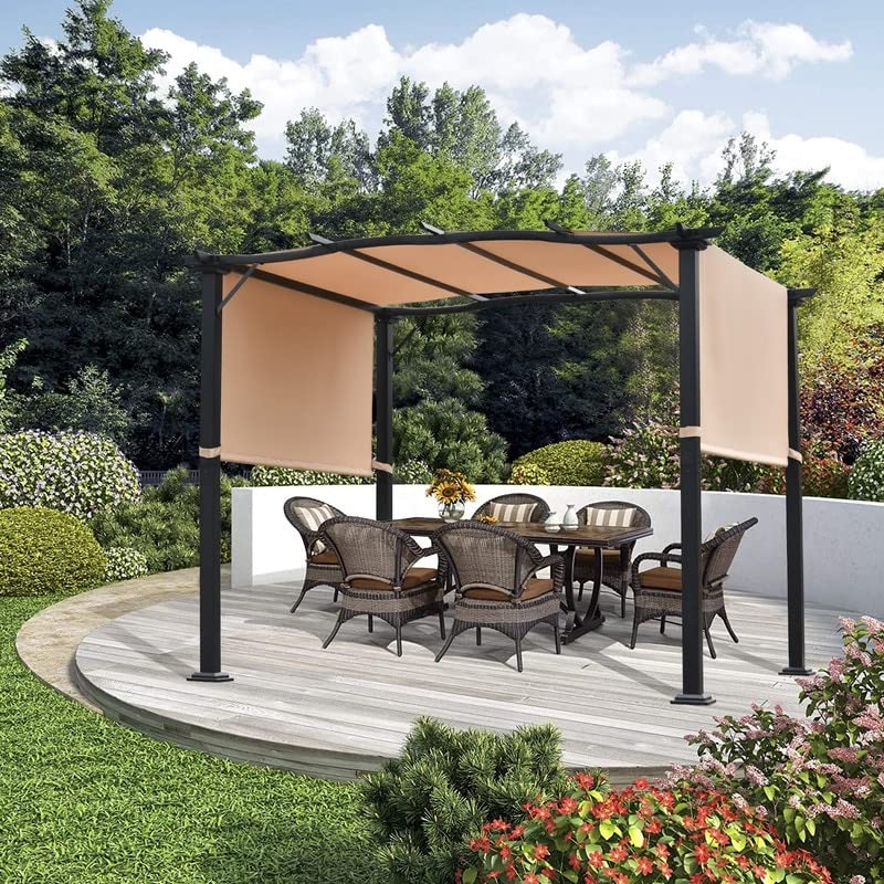 Modern Brown Rectangular Steel Pergola Gazebo with Retractable Waterproof Canopy - Metal Frame Sunshade & Grape Trellis for Patio, Garden, and Outdoor Relaxation