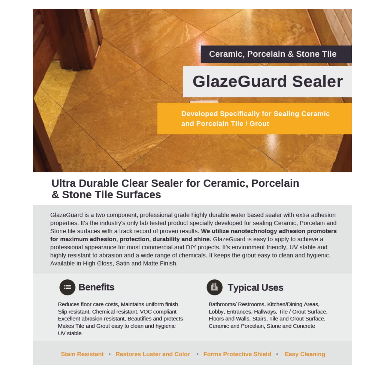 GlazeGuard Matte Natural Look Ceramic & Porcelain Tile Grout Sealer - Flat Finish Waterproof Protective Coating - 2 Part Kit (0.75 Gal) for Bathroom, Kitchen & Shower Tile Maintenance