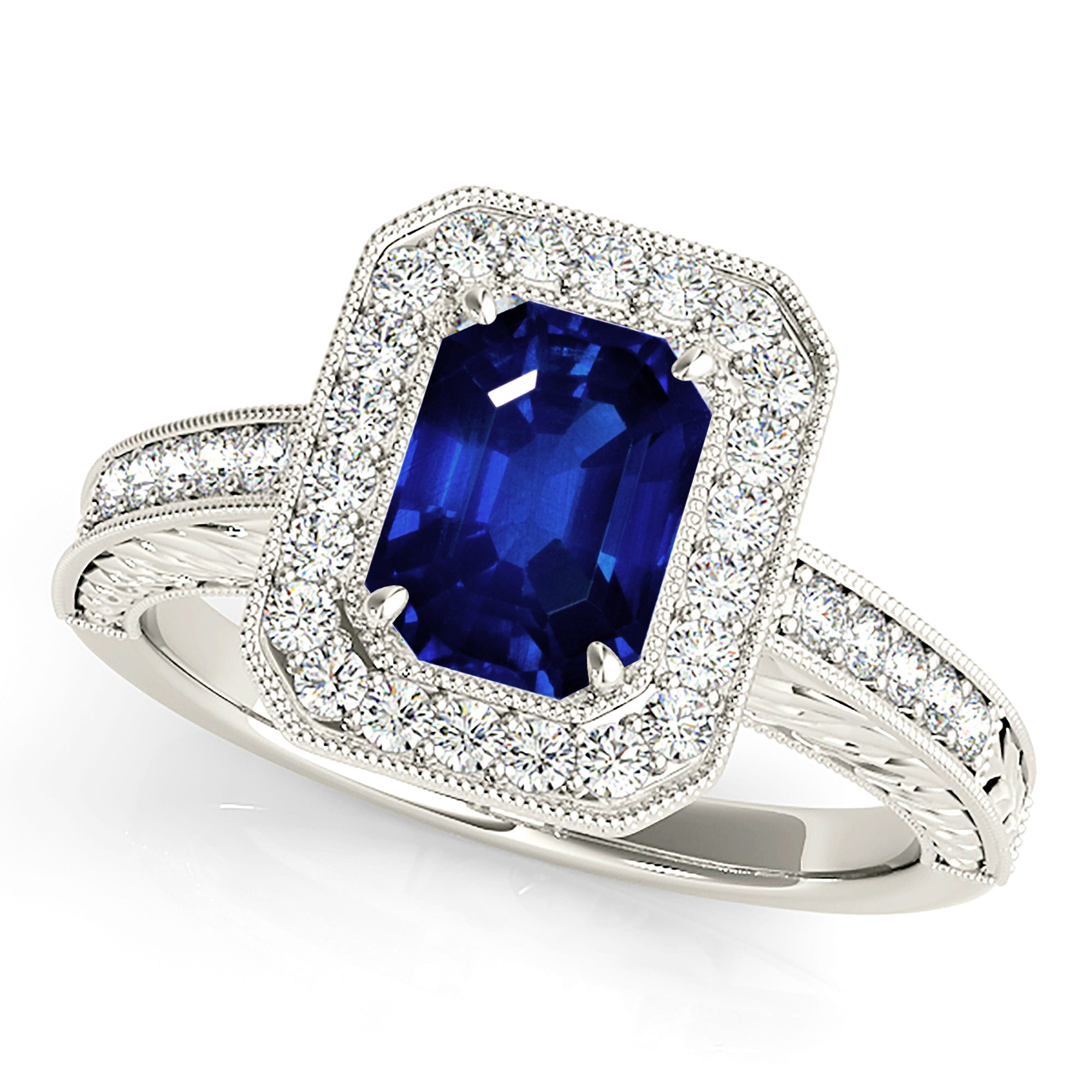 1.15 Carat Genuine Blue Emerald Cut Sapphire Ring with Milgrain Halo - Elegant Vintage Style Jewelry for Engagement, Wedding & Special Occasions