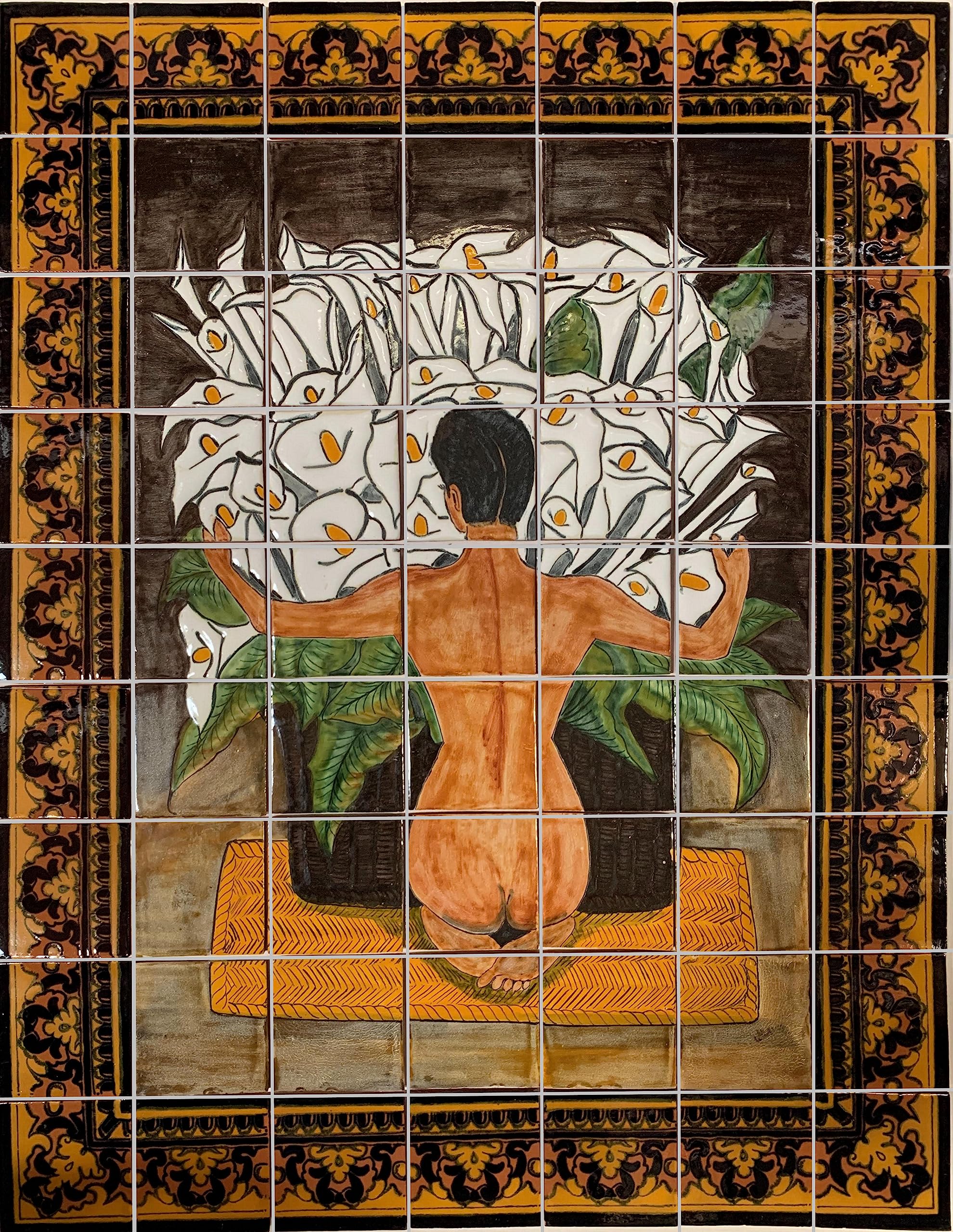 Handmade Calla Lilies Basket Clay Talavera Tile Mural - Mexican Folk Art Wall Decor for Kitchen, Bathroom, or Outdoor Patio