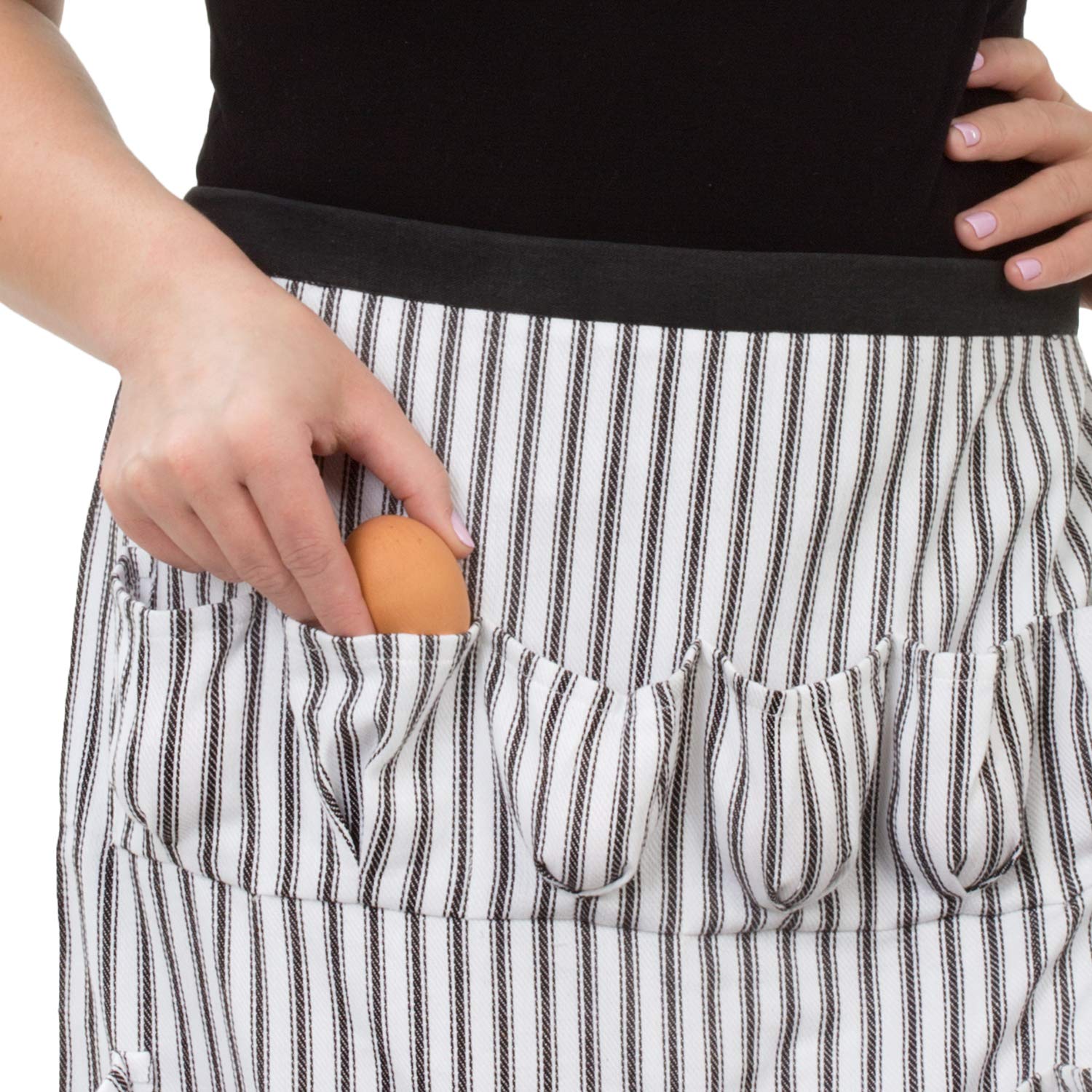 Cackleberry Home Egg Collecting Apron with 12 Pockets - Black & White Ticking Stripe - Farm Fresh Egg Gathering Accessory for Chicken Coop & Garden Use