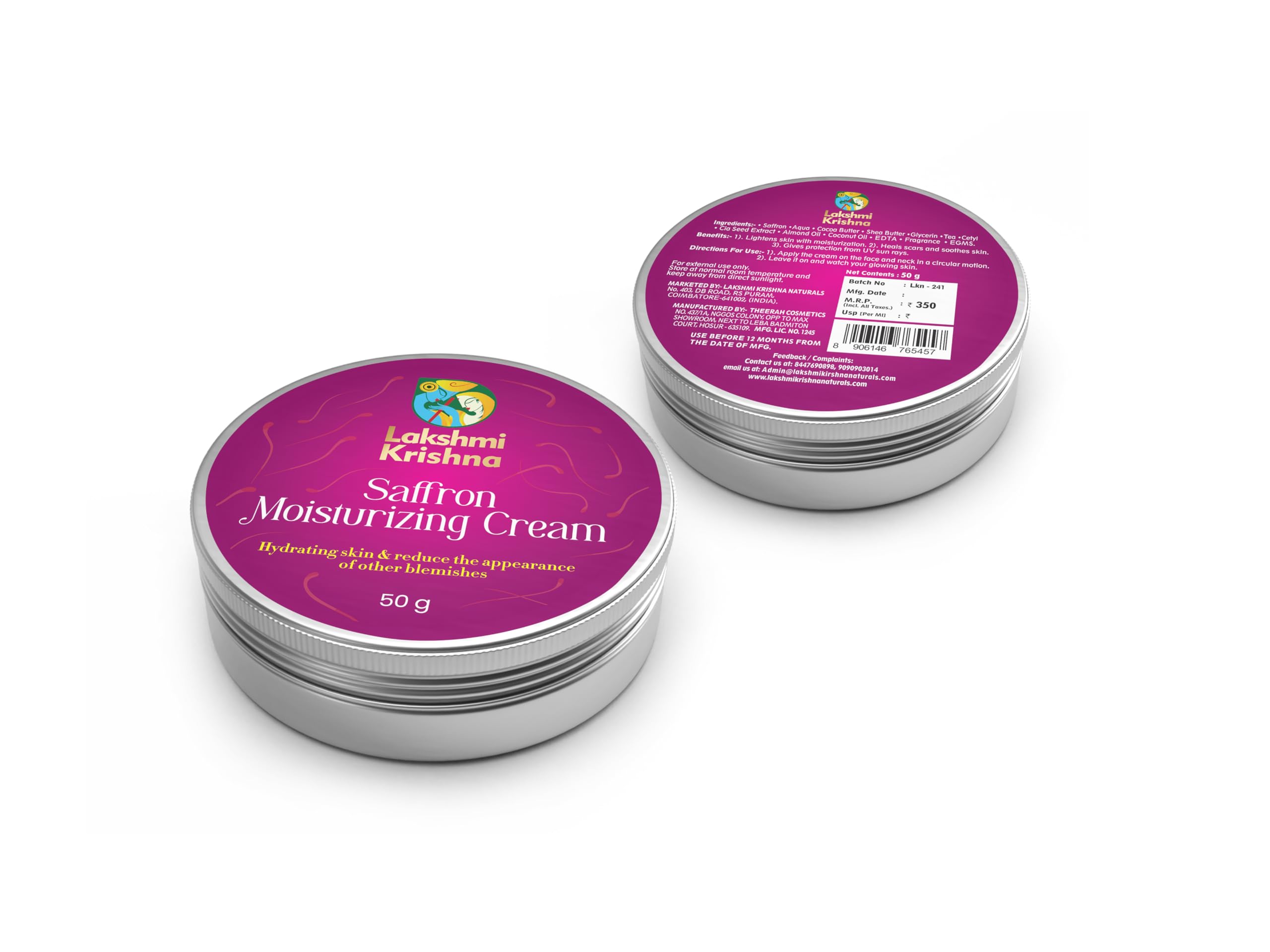 Lakshmi Krishna Natural Saffron Moisturizing Cream - 50g with Aqua, Cocoa Butter, Shea Butter & Organic Oils for Radiant Hydrated Skin | Deep Nourishment for Dry, Sensitive Skin | Perfect for Daily Face & Body Care, Winter Skin Protection & Ayurvedic Beauty Routine