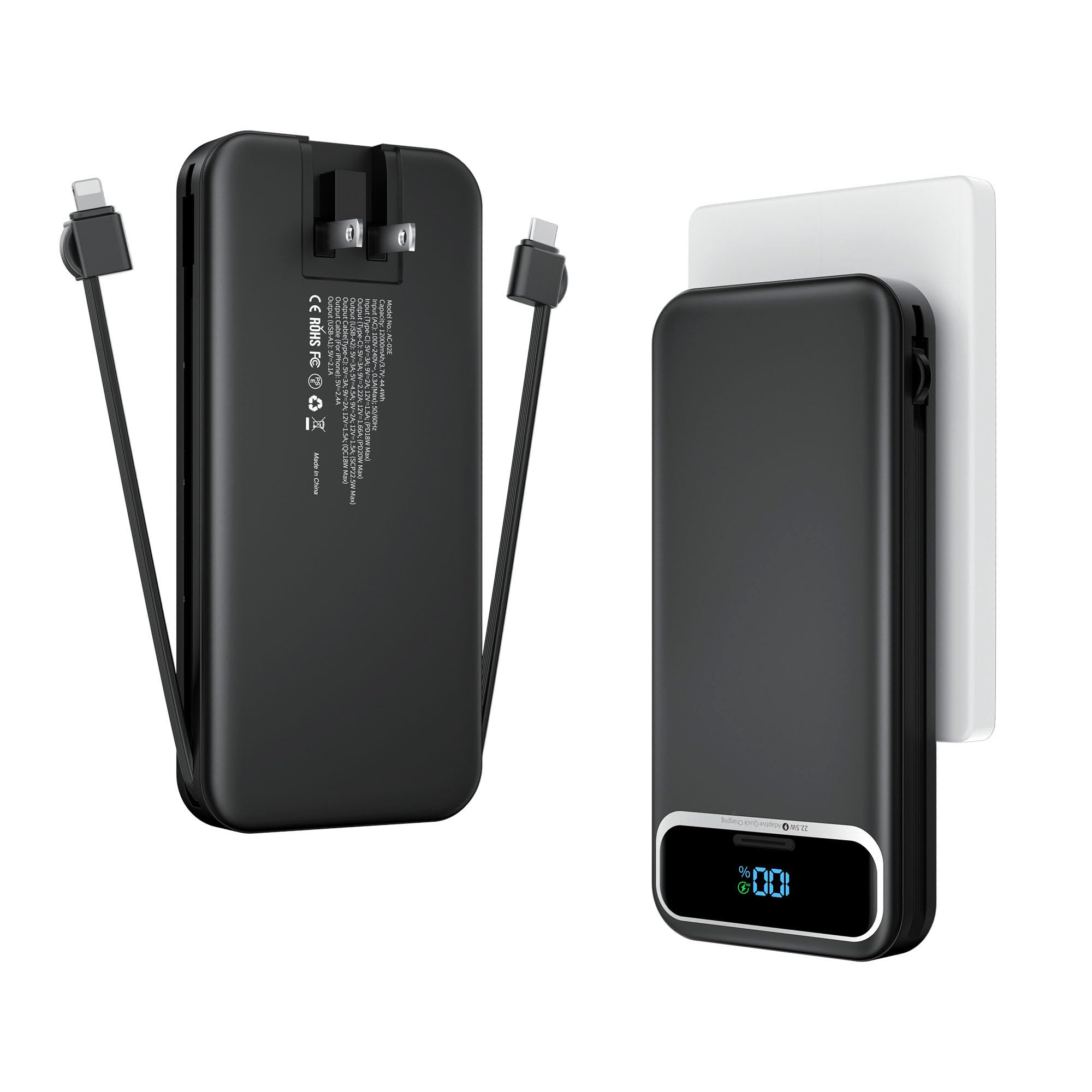 12000mAh Portable Charger Power Bank with Built-in Cables & AC Wall Plug - PD20W USB-C Fast Charging, LED Display External Battery Pack for iPhone 15/14/13, Samsung Galaxy S23/S22, Android Phones - Perfect for Travel, Camping & Emergency Power Backup