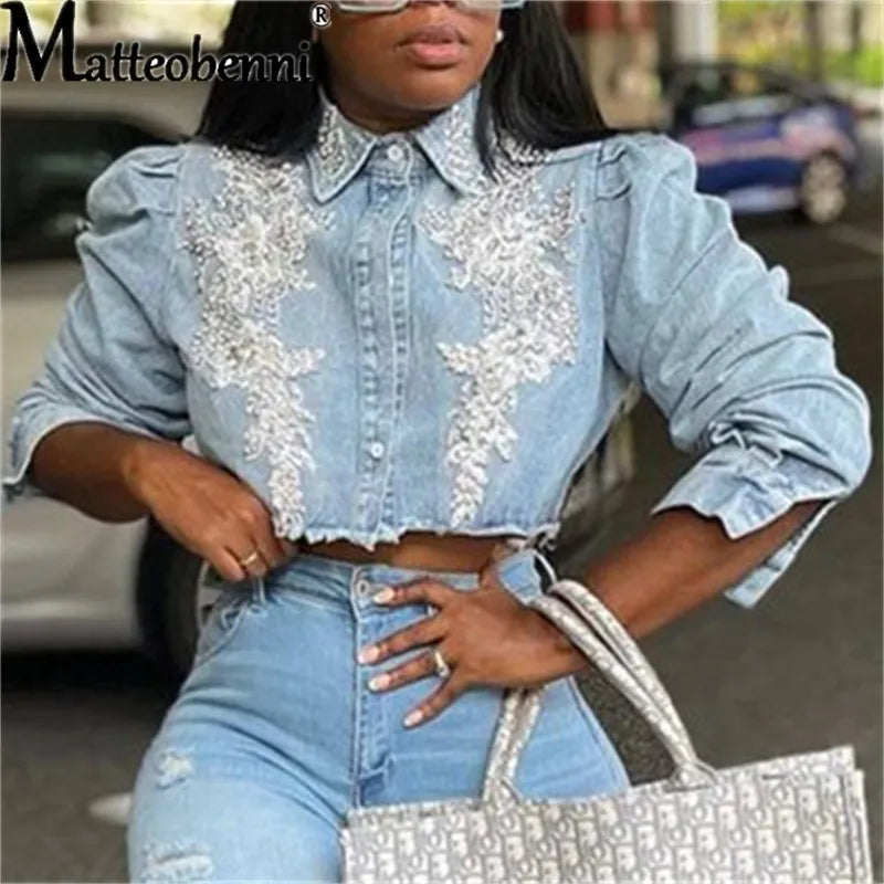 Women's Embroidered Pearl Denim Jacket - Casual Short Jean Coat with Long Sleeves for Autumn | Street Style Outerwear for Daily Wear, Dating, and Weekend Outings