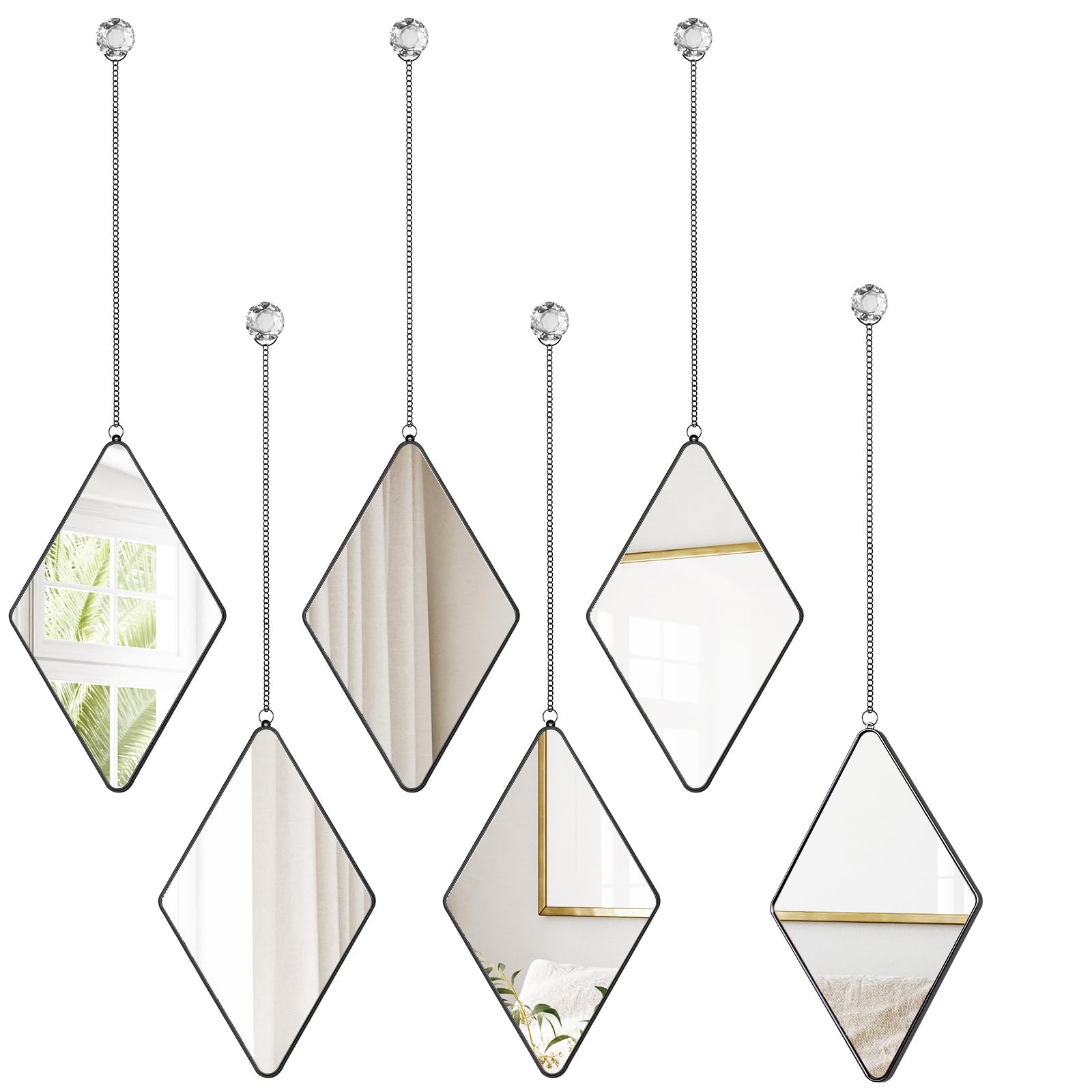6-Piece Diamond Wall Mirror Set with Chain Hanging & Diamond Handle Frame - Black Decorative Mirror for Home Entryway, Living Room, Bathroom & Farmhouse Decor | Perfect for Wall Art, Vanity & Entryway Lighting Enhancement