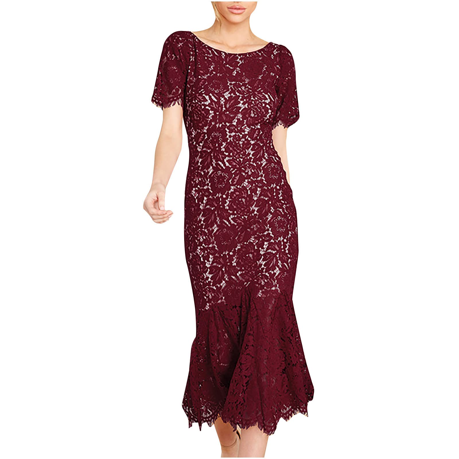 Elegant Women's Ruffled Flounce O-Neck Lace Spliced Dress - Sexy Tight Short Sleeve Wedding Guest Dress for Ladies | Perfect for Cocktail Parties, Date Nights & Formal Events