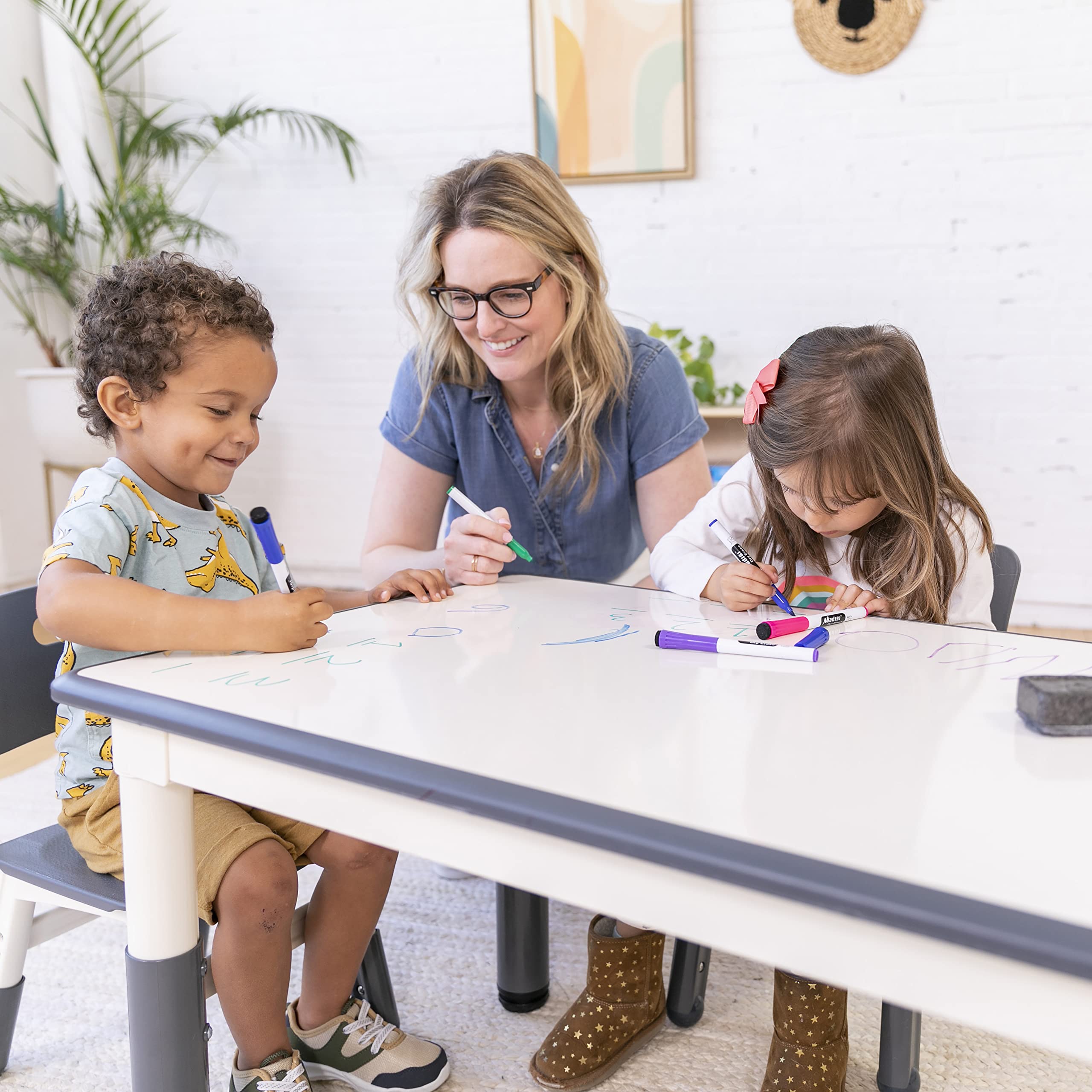 ECR4Kids Adjustable Dry-Erase Activity Table with 2 Chairs - Kids Study & Play Furniture Set for Classroom & Home Learning - Grey