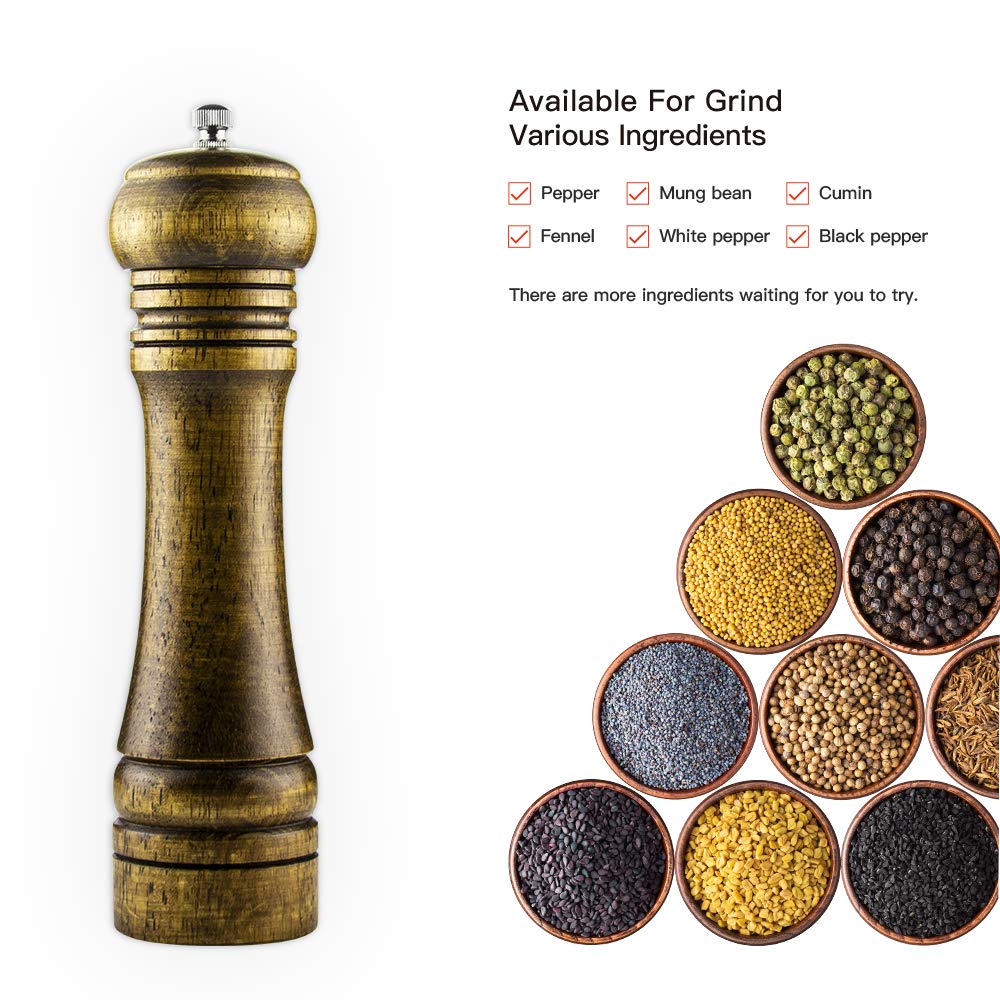 Premium 8 Inch Wood Pepper Grinder with Ceramic Rotor - Adjustable Coarseness, Hand Operated Capstan Mill for Freshly Ground Spices - Perfect for Kitchen, Dining Table & Gourmet Cooking