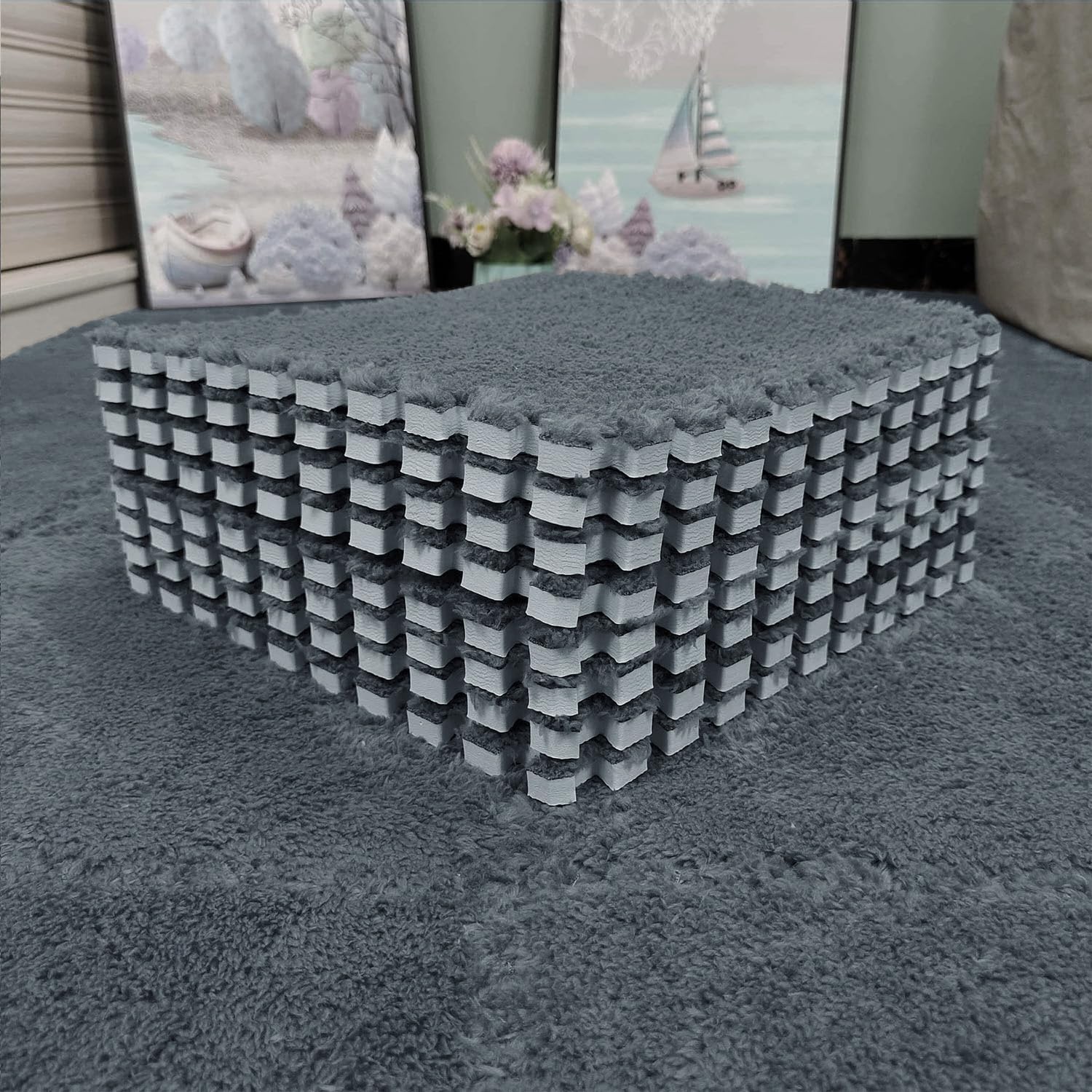 12-Piece Shaggy Interlocking Foam Carpet Tiles - 12