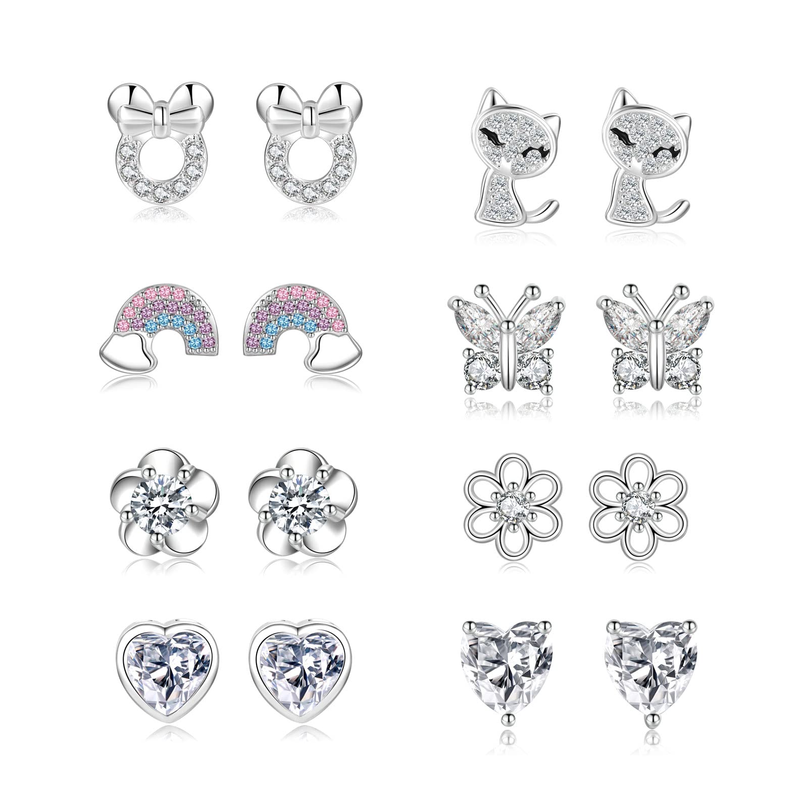 925 Sterling Silver Earrings for Women & Girls - 8 Pairs Hypoallergenic Cubic Zirconia Stud Earrings Set, Safe for Sensitive Ears, Perfect for Teens Ages 3-18 - Ideal for Daily Wear, School, Parties & Gifts