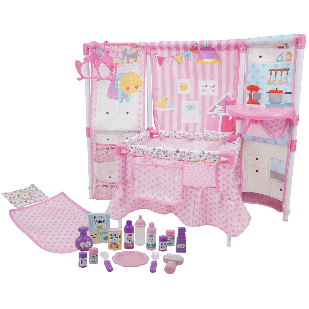 Pink Doll Furniture Set with 14 Baby Doll & Accessories - Complete Pretend Play Set for Kids, Toddlers & Collectors - Perfect for Nursery, Playroom & Birthday Gifts