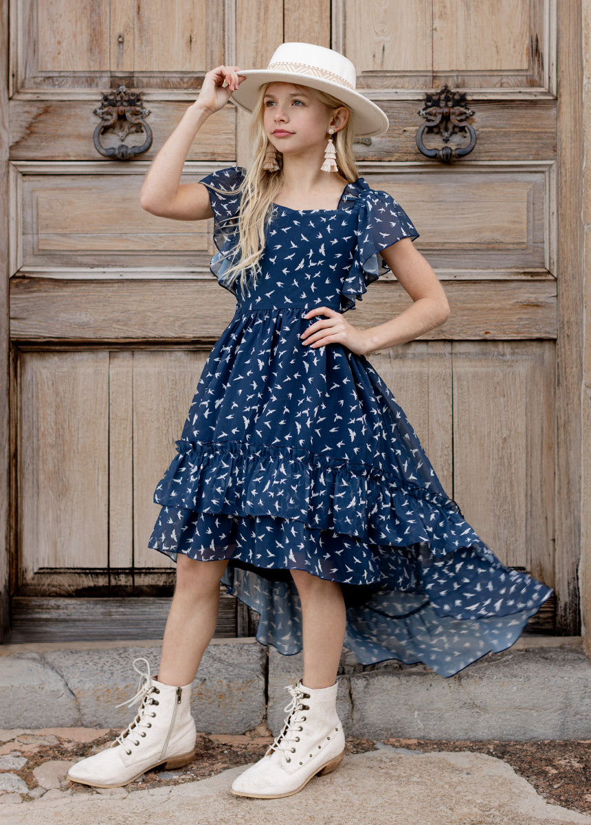 Dimia Women's Navy Blue Bird Floral Print Dress - Elegant Flowy Midi Dress for Casual Wear, Office, and Summer Outings