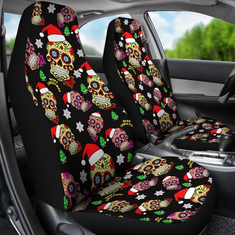 2 Pcs Christmas Sugar Skull Car Seat Covers - Gothic Dia de Los Muertos Style - Universal Fit for Cars, Trucks & SUVs - Perfect for Holiday Decorations & Day of the Dead Celebrations