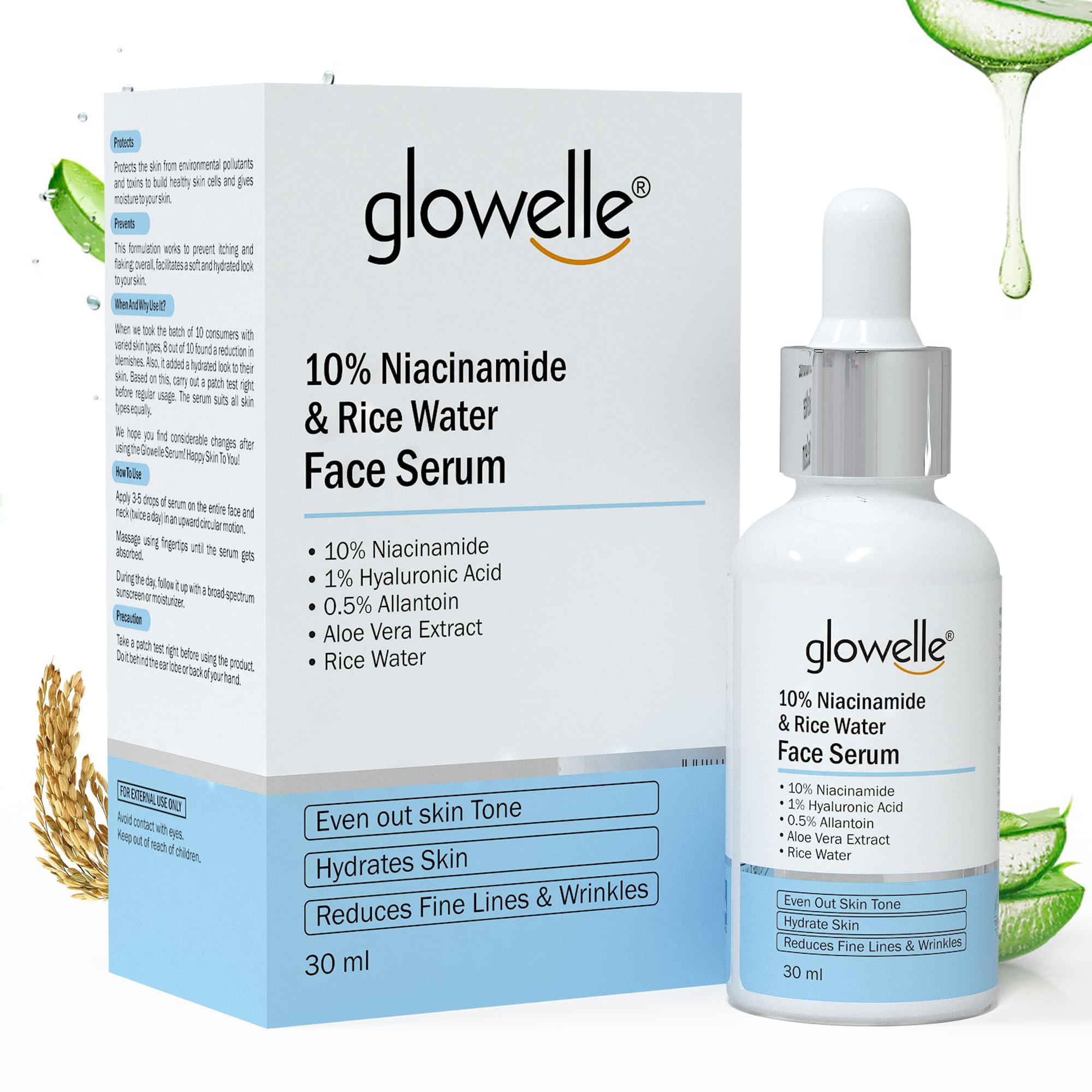 Glowelle 10% Niacinamide & Rice Water Brightening Face Serum - Dark Spot Corrector, Pore Minimizer, Anti-Aging Treatment for Glowing Skin - Reduces Wrinkles & Fine Lines - 30ml - Perfect for Daily Skincare Routine & Nighttime Regimen (For Women & Men)