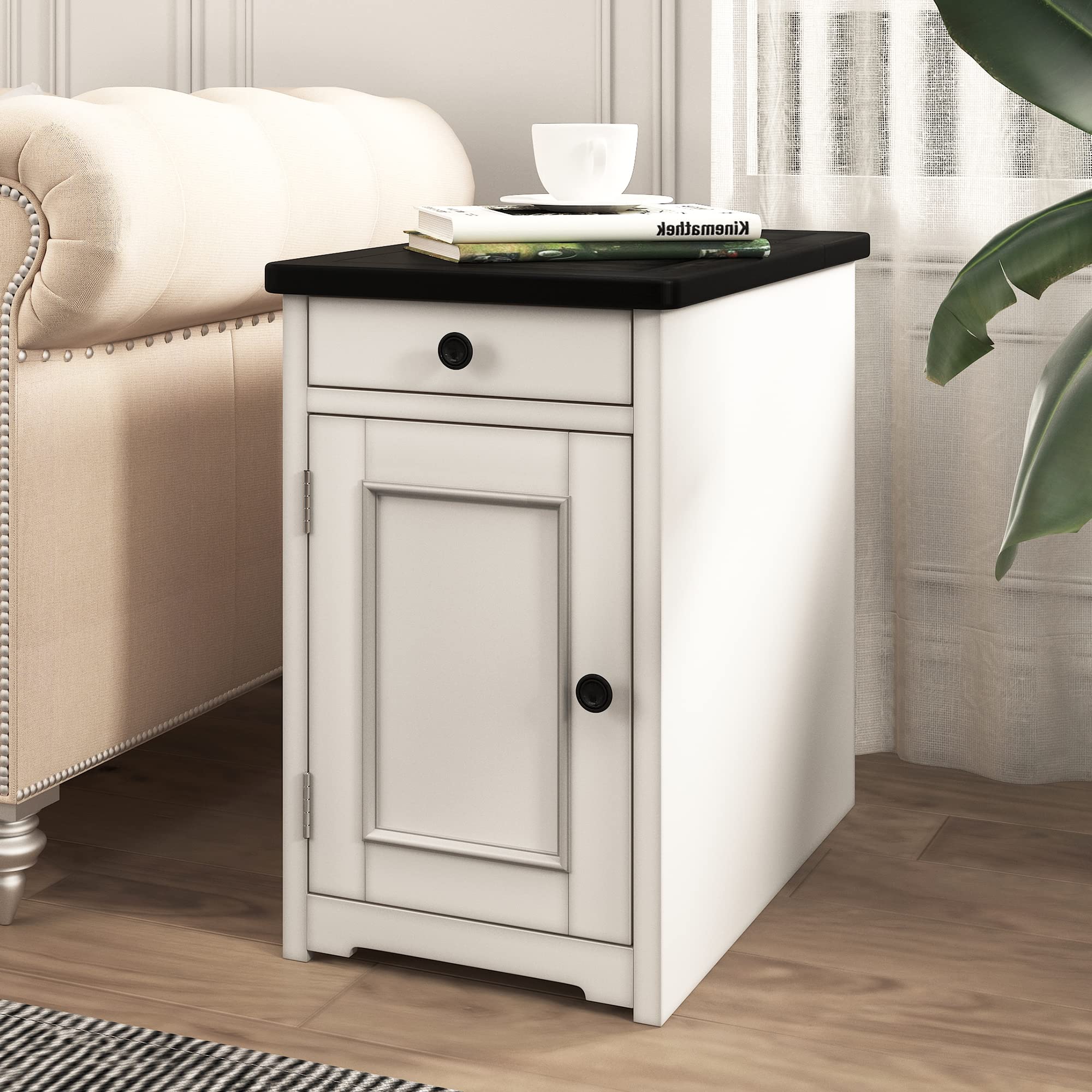 Vintage Nightstand with USB Ports & Drawer - Retro End Table with Cup Holders for Bedroom, Living Room, Hallway - Antique Grey Side Table | Perfect for Charging Devices, Holding Drinks & Organizing Essentials
