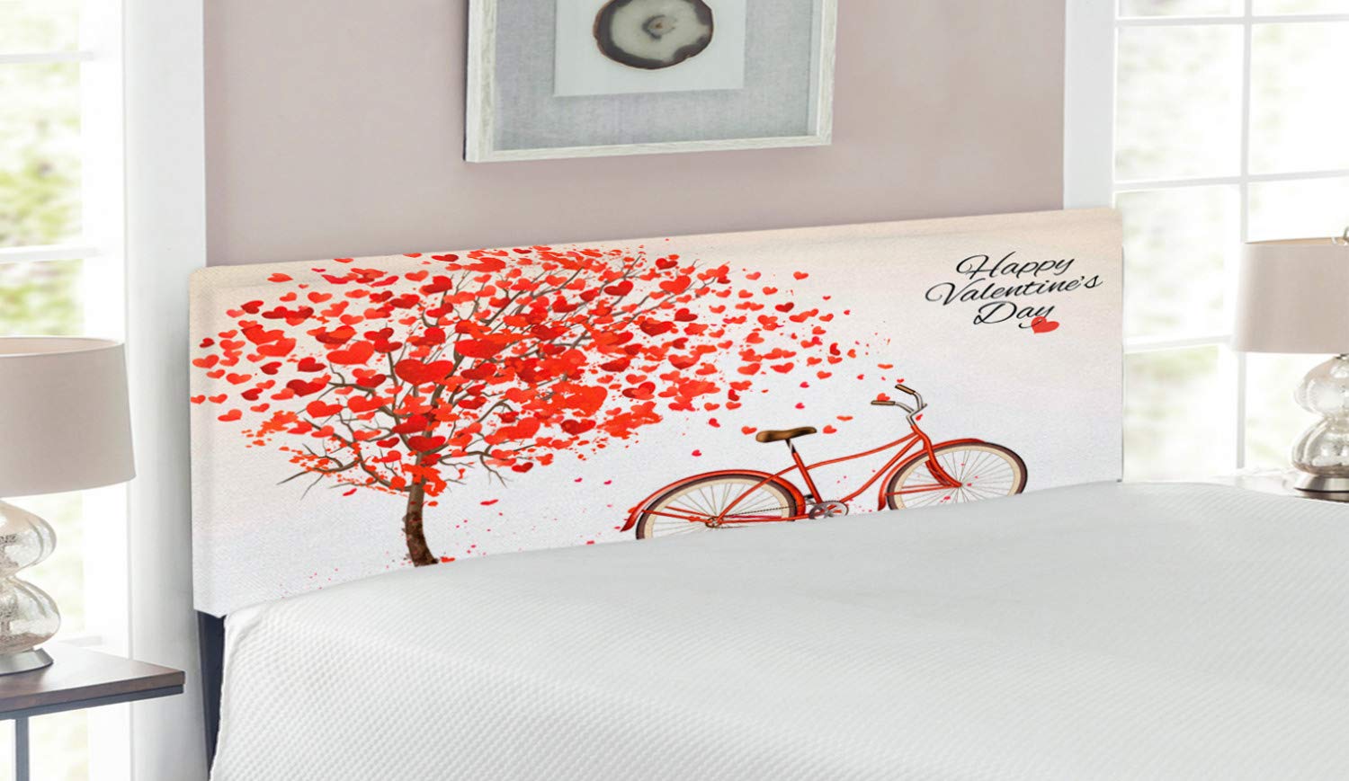 Ambesonne Vintage Floral Headboard for Queen Bed - Romantic Tree with Hearts, Bike & Petals Design, Upholstered Metal Frame with Memory Foam, Cream Vermilion - Perfect for Valentine's Day Decor & Bedroom Makeover