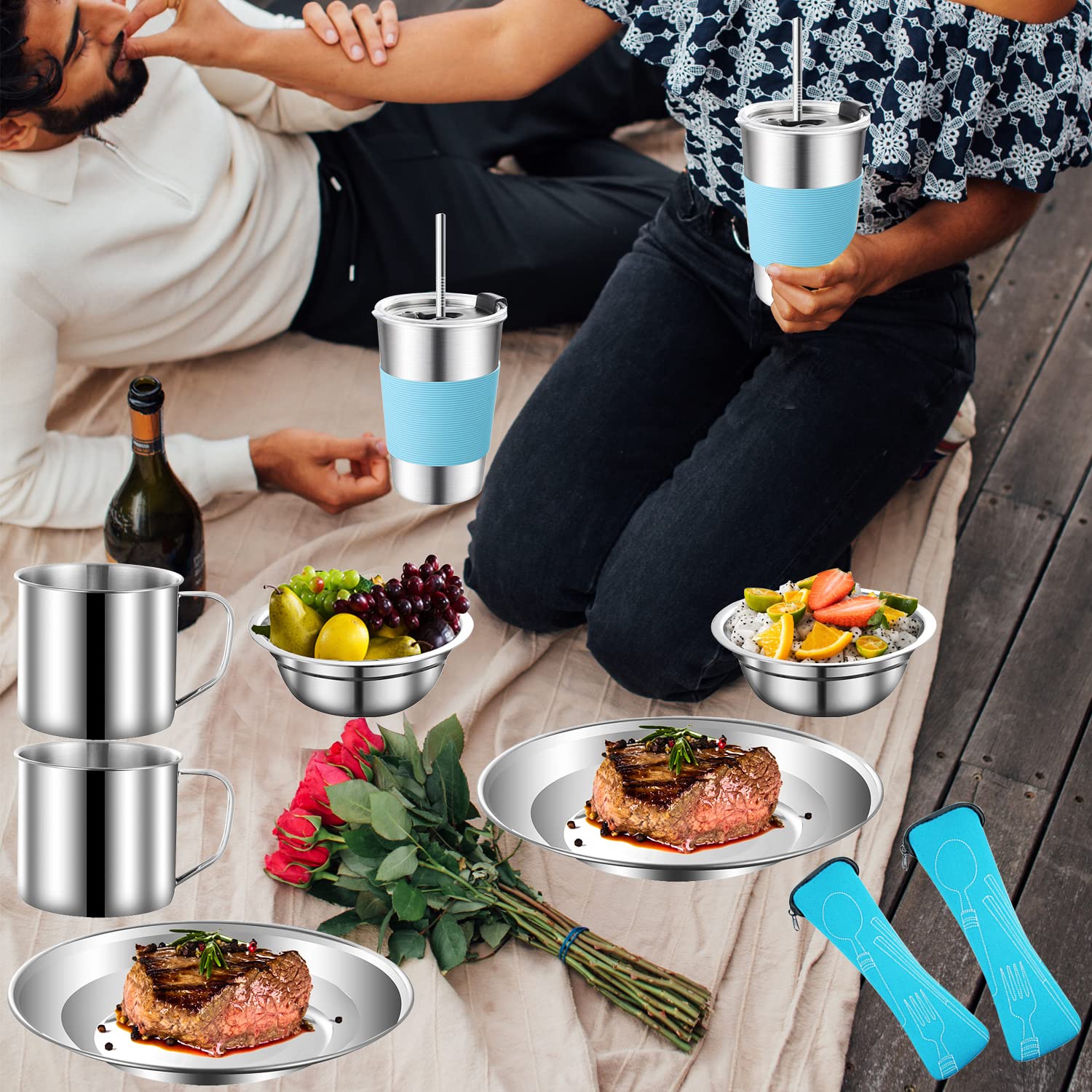 Stainless Steel Camping Mess Kit for 2 - Plate, Bowl, Cup & Utensils | Perfect for Camping, Backpacking & Hiking