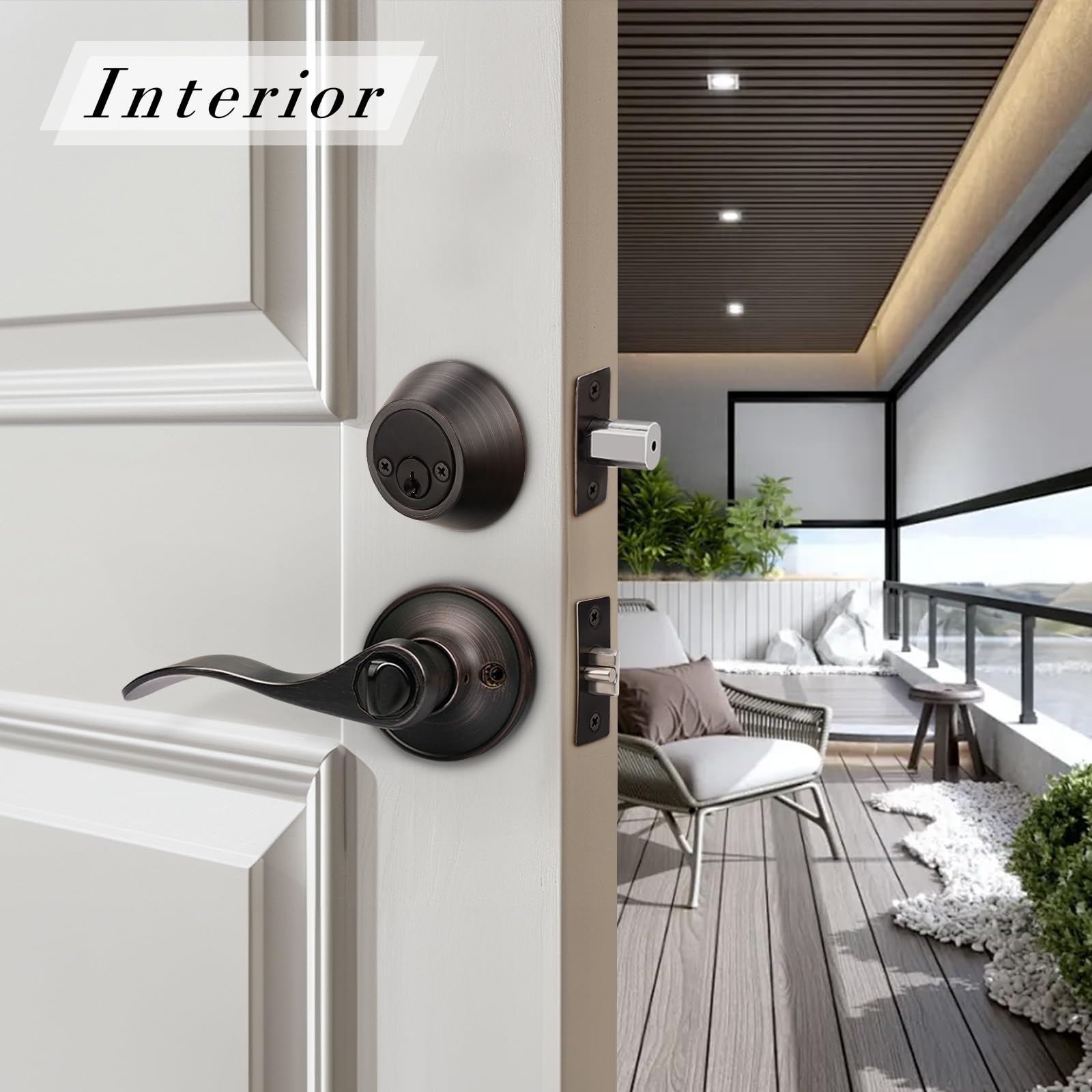 Oil Rubbed Bronze Exterior Door Handle with Deadbolt - Wave Style Keyed Entry Lockset for Home Security