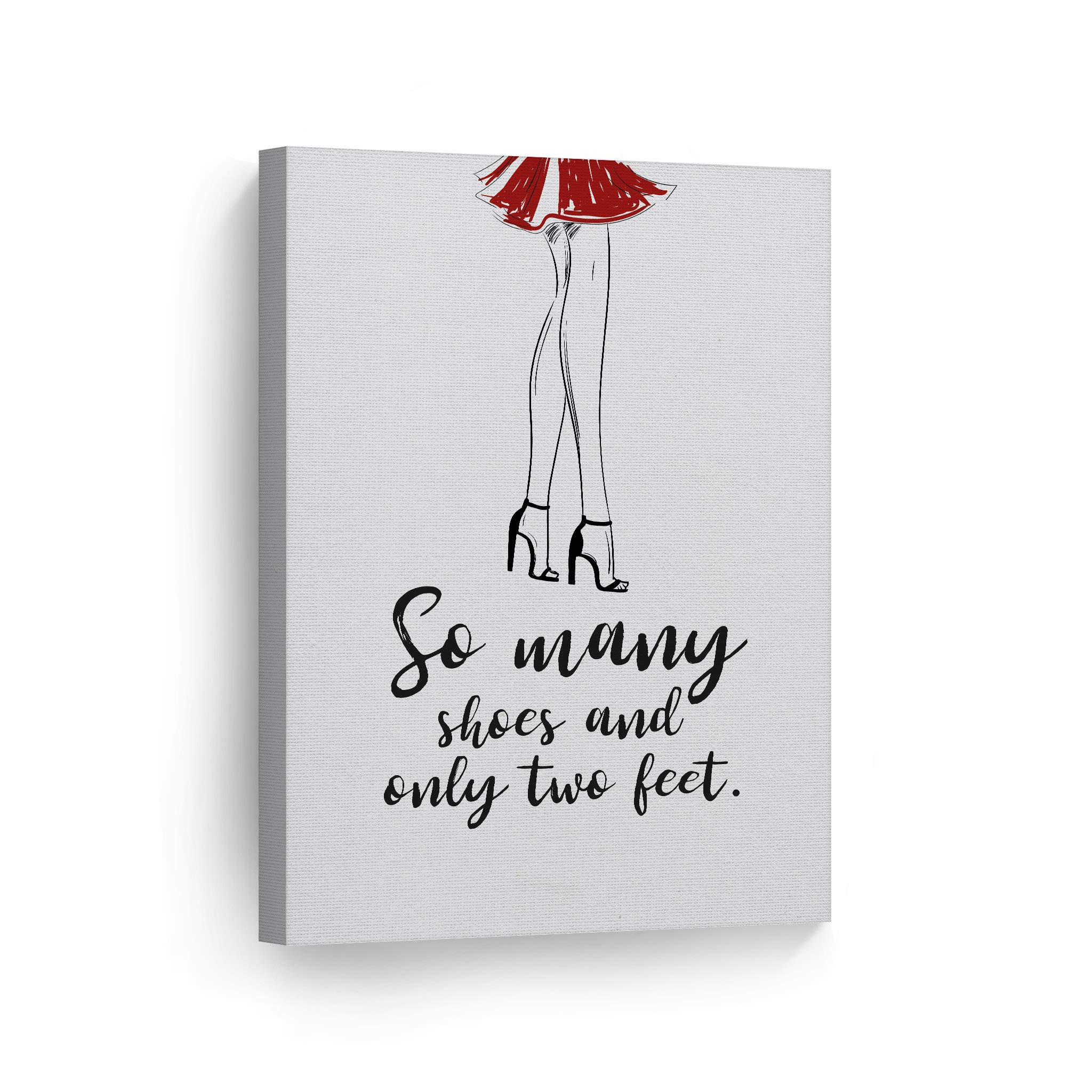 Smile Art Design 'So Many Shoes and Only Two Feet' Quote - Red Skirt Sketch Glam Fashion Canvas Print Wall Art (36x24 inches) - Perfect for Office, Bathroom, Girls Room, Dorm, Bedroom & Living Room Decor - Ready to Hang Home Décor Gift Idea