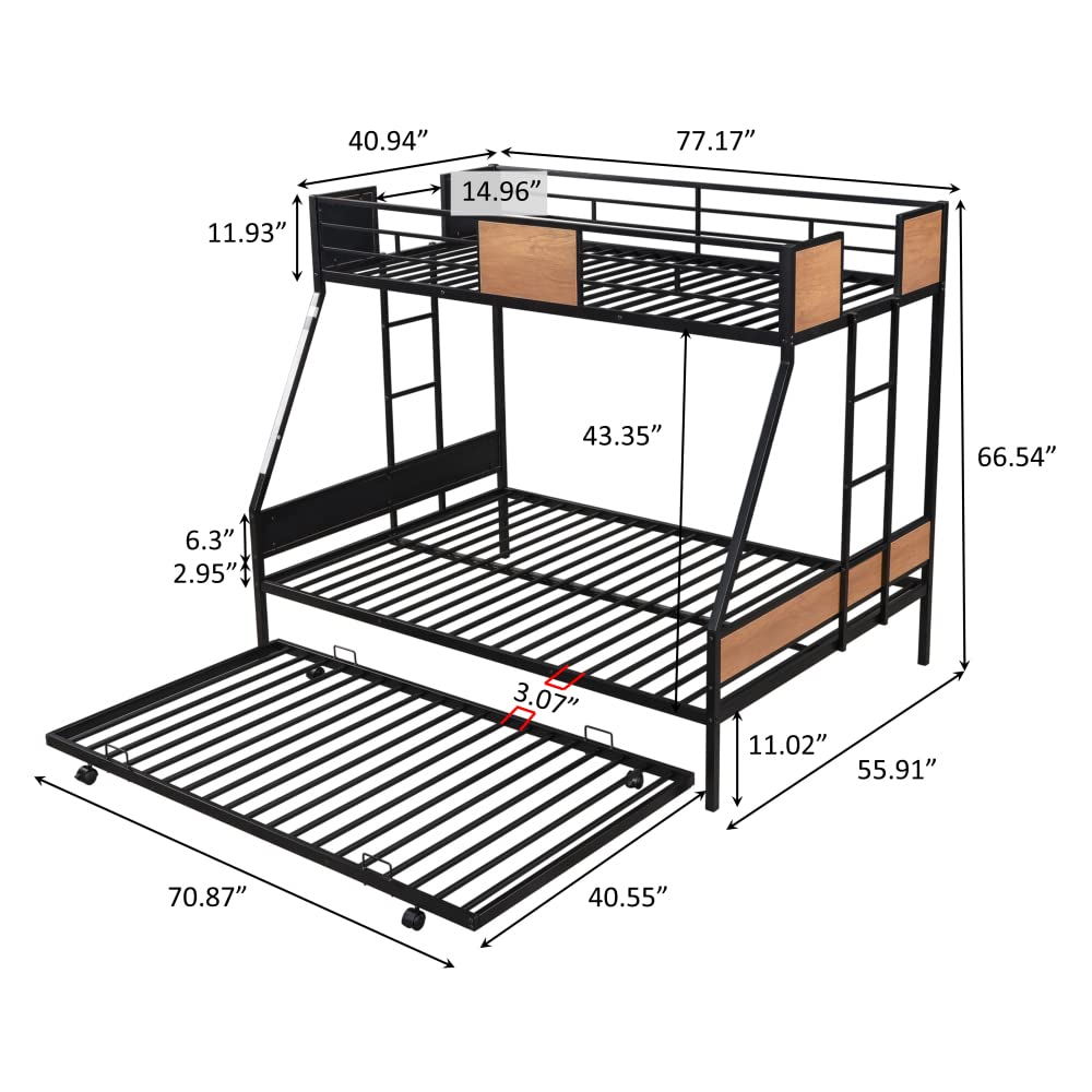 Metal Twin Over Full Bunk Bed with Trundle - Wooden Safety Guardrails & Dual Ladders - Space-Saving Black Bed Frame for Kids, Teens & Guest Rooms - Perfect for Small Bedrooms, Dorms & Vacation Homes