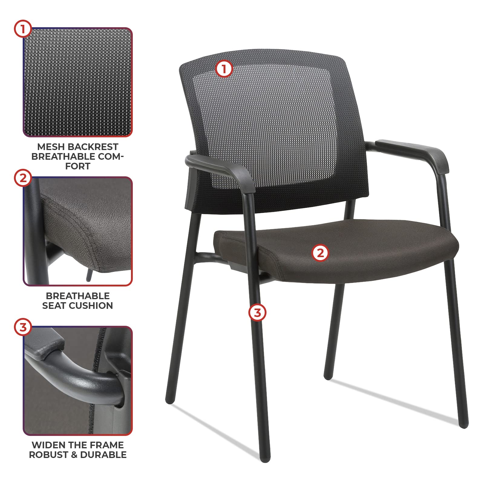 CLATINA Ergonomic Mesh Guest Chair with Arms - Stackable Office Chair for Home, Waiting Room, Lobby, Reception & Conference - No Wheels, Alba Black (1 Pack) - Perfect for Small Spaces & Temporary Seating