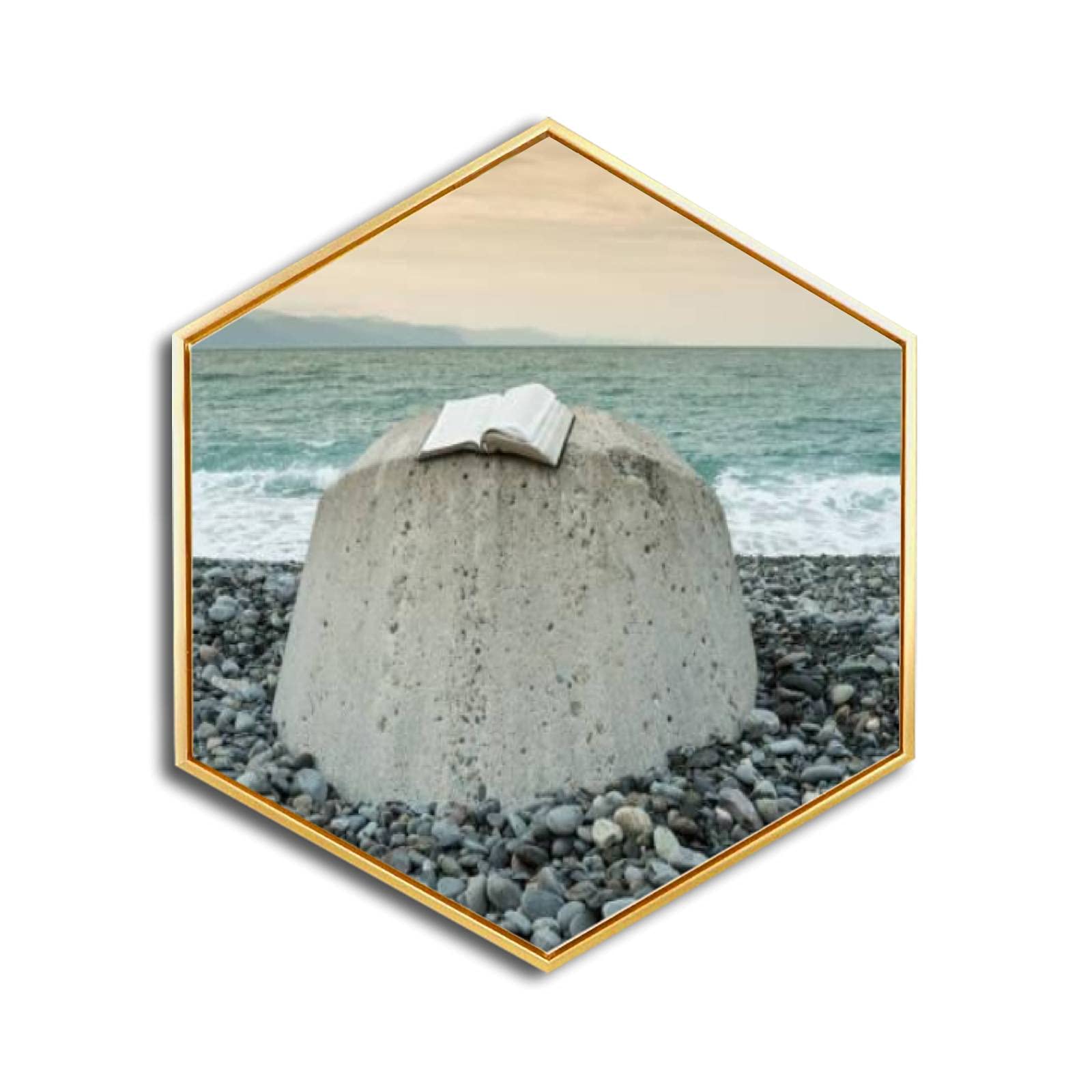 Golden Framed Canvas Wall Art - Holy Bible Open on Natural Stone Pulpit Landscape Giclee Print, Minimalist Modern Hexagon Decor for Home & Office - Ready to Hang | Perfect for Living Room, Bedroom, Church & Prayer Space