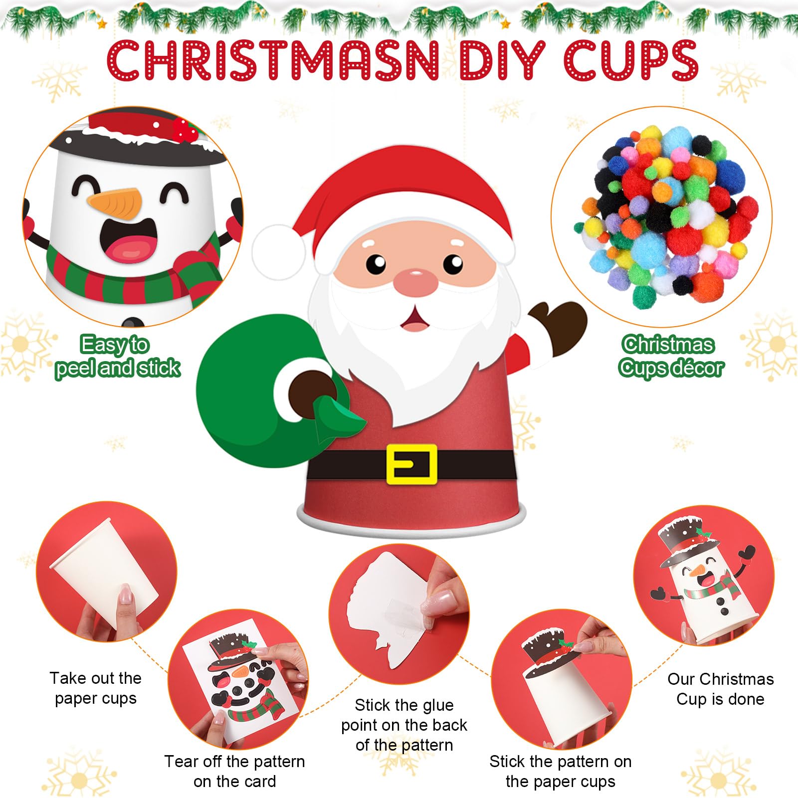 36-Piece Christmas DIY Craft Kit for Kids – Santa, Elf & Gingerbread Paper Cup Art Set – Creative Holiday Crafts for Children | Perfect for Classroom Activities, Holiday Parties & Family Bonding