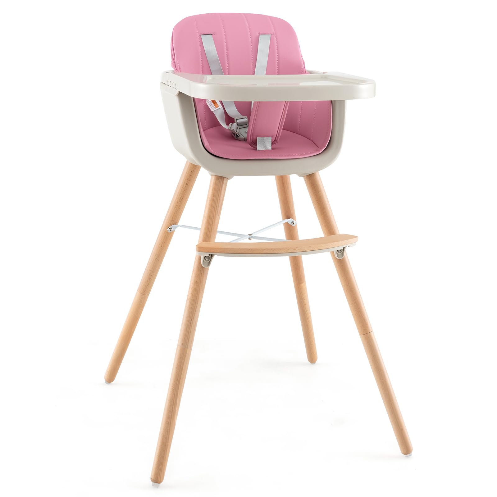 KOTEK 3-in-1 Convertible Wooden High Chair for Babies & Toddlers - Adjustable Height, 3-Position Food Tray, 5-Point Safety Harness with PU Cushion & Footrest - Pink Baby Dining Chair for Home, Restaurant & Daycare Use