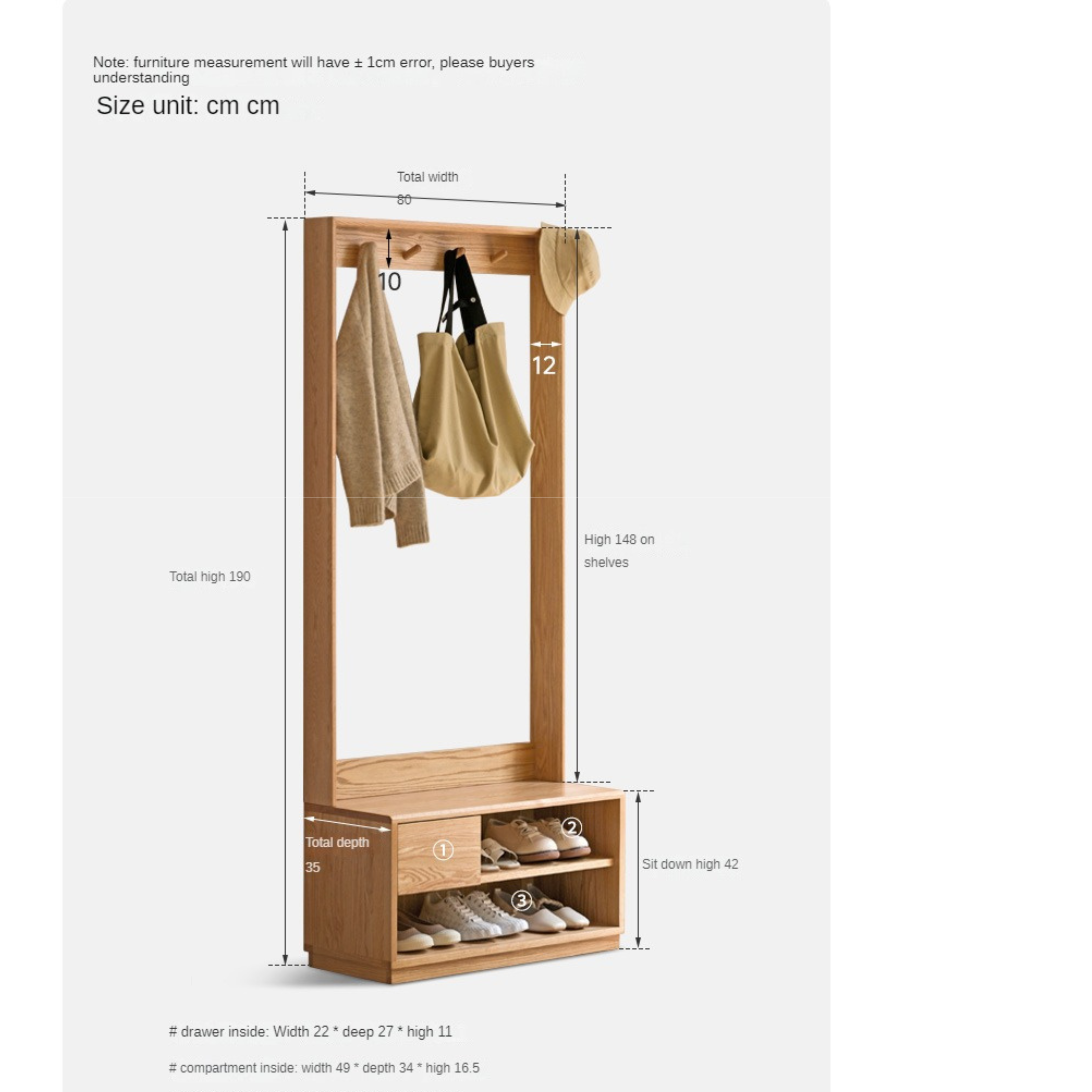 Solid Oak Wood Shoe Bench with Coat Hooks - Durable Entryway Storage Organizer for Shoes, Hats & Jackets | Perfect for Mudrooms, Hallways & Bedrooms