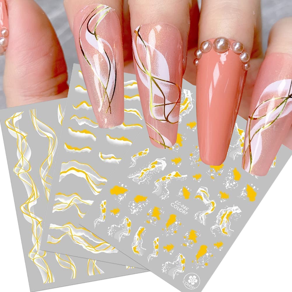 9 Sheets Bronzing French Nail Art Stickers - Gold 3D Self-Adhesive Nail Decals, Metallic Stripe Line Wavy Marble Design for Acrylic Nails, DIY Manicure Salon Decorations, Perfect for Parties Weddings Holidays