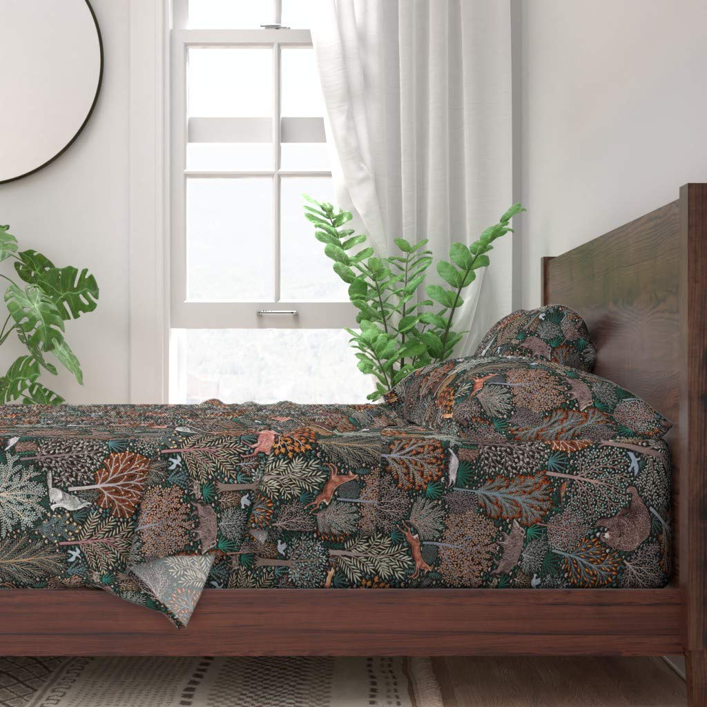 100% Cotton Twin Sheet Set 3pc - Woodland Forest Animals Autumn Leaves Deer Rustic Trees Print | Custom Bedding for Cozy Fall & Winter Nights | Perfect for Kids Rooms, Cabins & Rustic Decor