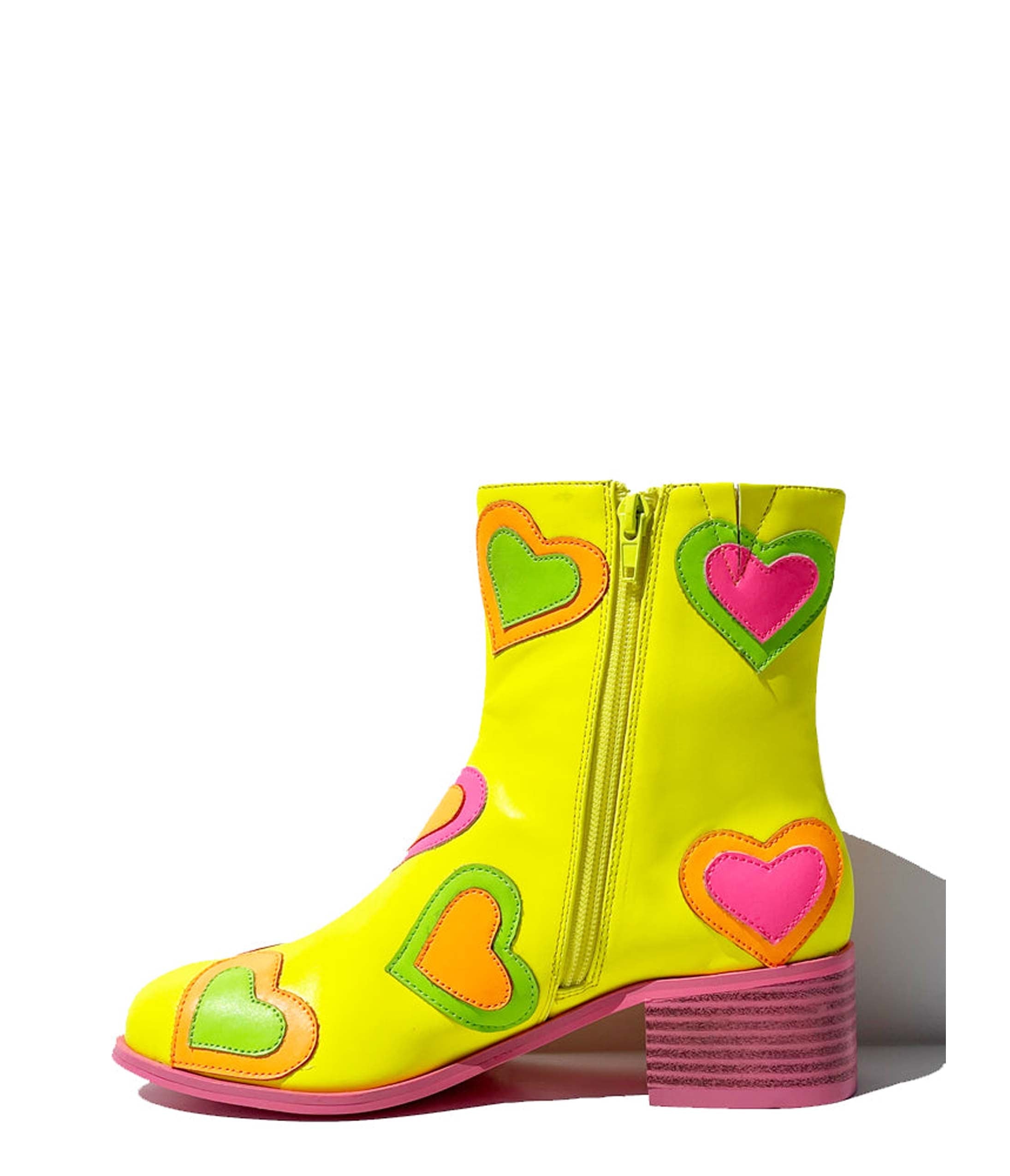 Neon Yellow & Rainbow Heart Print Ankle Boots for Women - Trendy Platform Heels for Parties, Concerts & Festivals