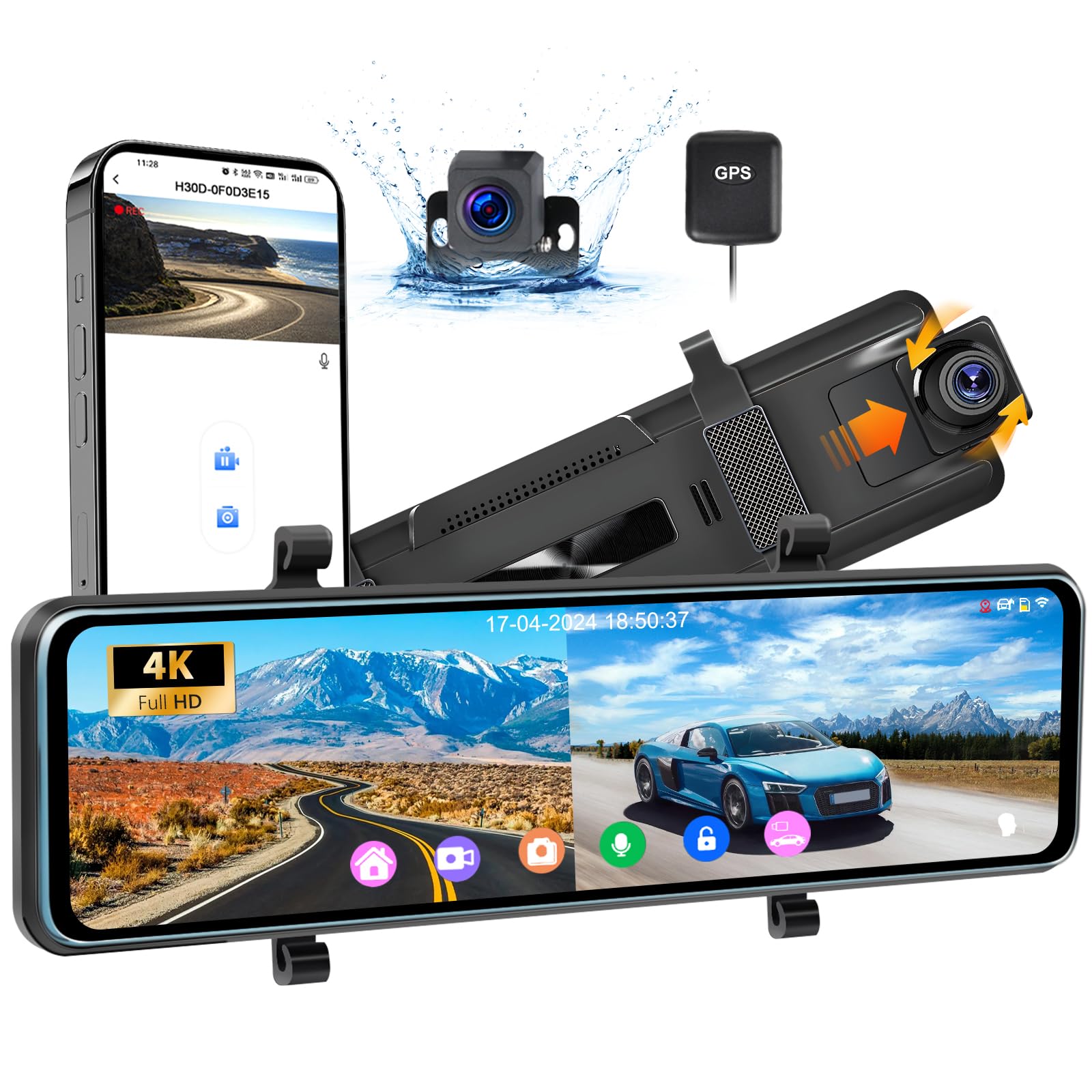 4K Mirror Dash Cam 11 Inch - Front and Rear Dual Camera System with GPS, 4K UHD Front + 1080P Rear IPS Screen, Night Vision, G-Sensor, 24H Parking Monitor, ADAS & BSD & LCA - Perfect for Safe Driving, Parking Assistance & Road Trip Recording