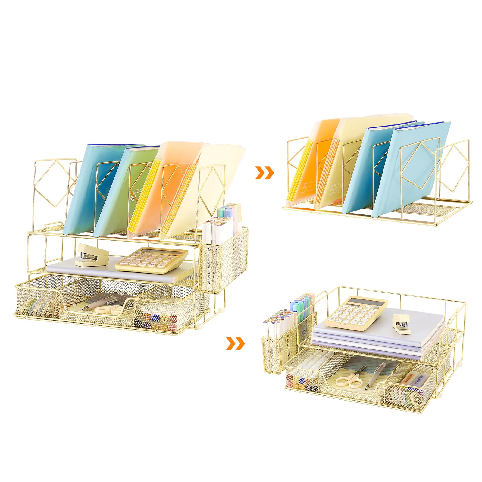 Youbetia Gold Double Tray Desk File Organizer with 5 Upright Sections, Pencil Holder & Drawer - Office Supplies for Workspace Organization | Perfect for Home Office, Study Desk & Office Workstation Accessories