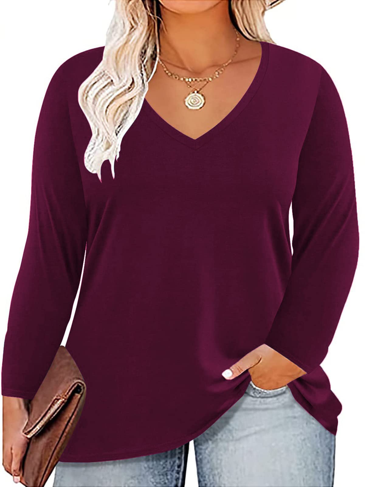 ROSRISS Women's Plus Size Long Sleeve V-Neck Tunic Tops - Solid Color Blouse Tee Shirts for Casual Wear, Office & Everyday Outfits