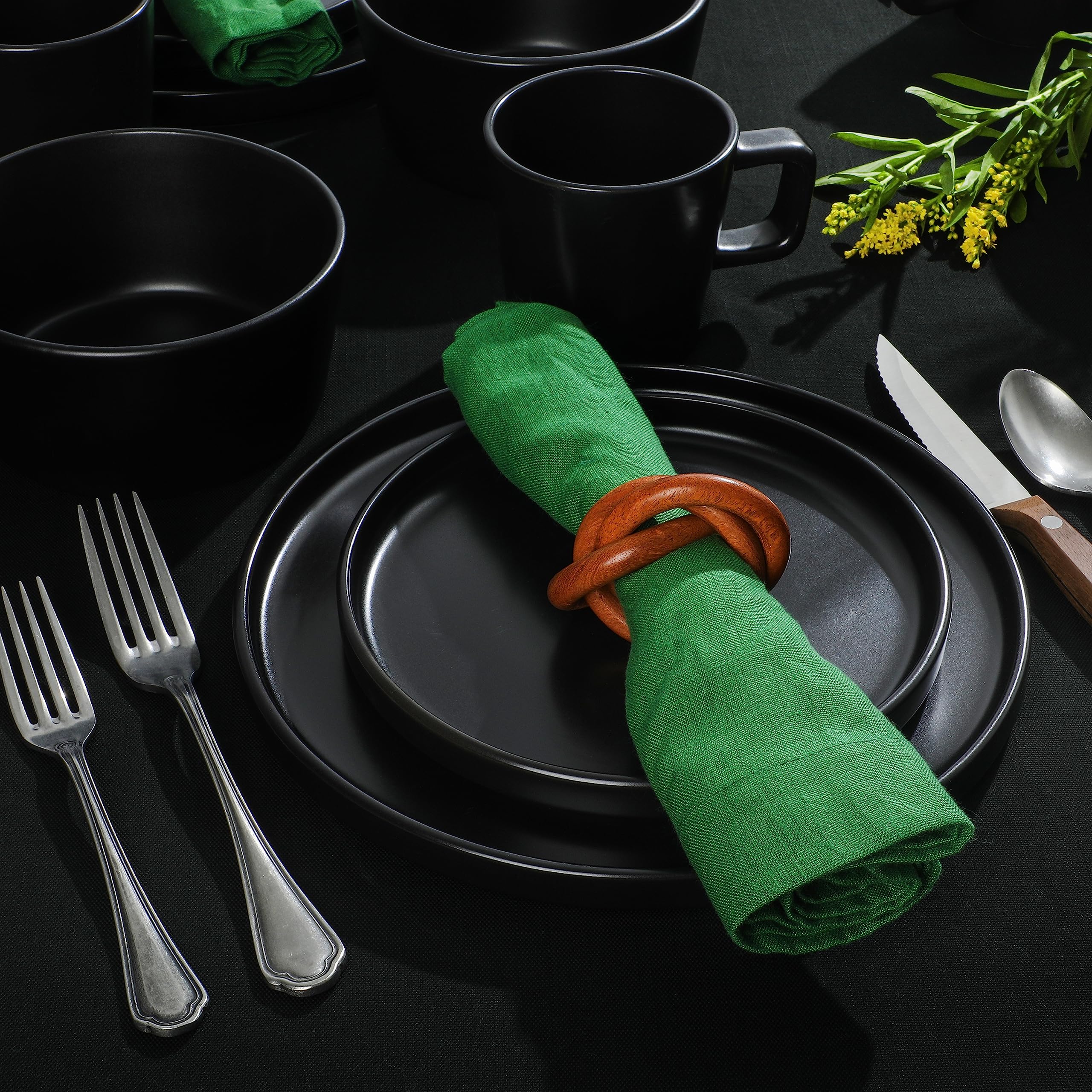 Premium Gibson Soho Lounge Bowery 32-Piece Matte Black Stoneware Dinnerware Set - Plates, Bowls & Mugs for 8 People - Elegant Tableware for Dining, Entertaining & Everyday Use