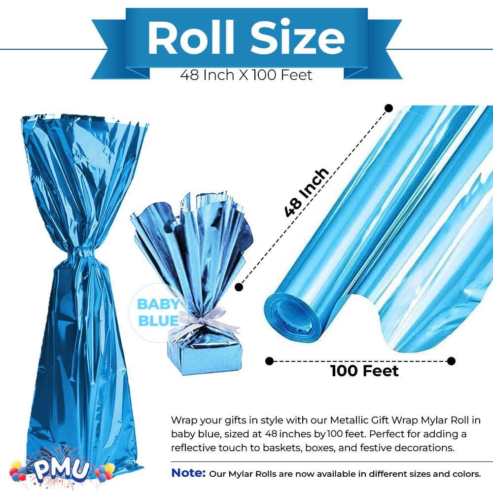 Premium Metallic Baby Blue Double-Sided Mylar Gift Wrap Roll - 48