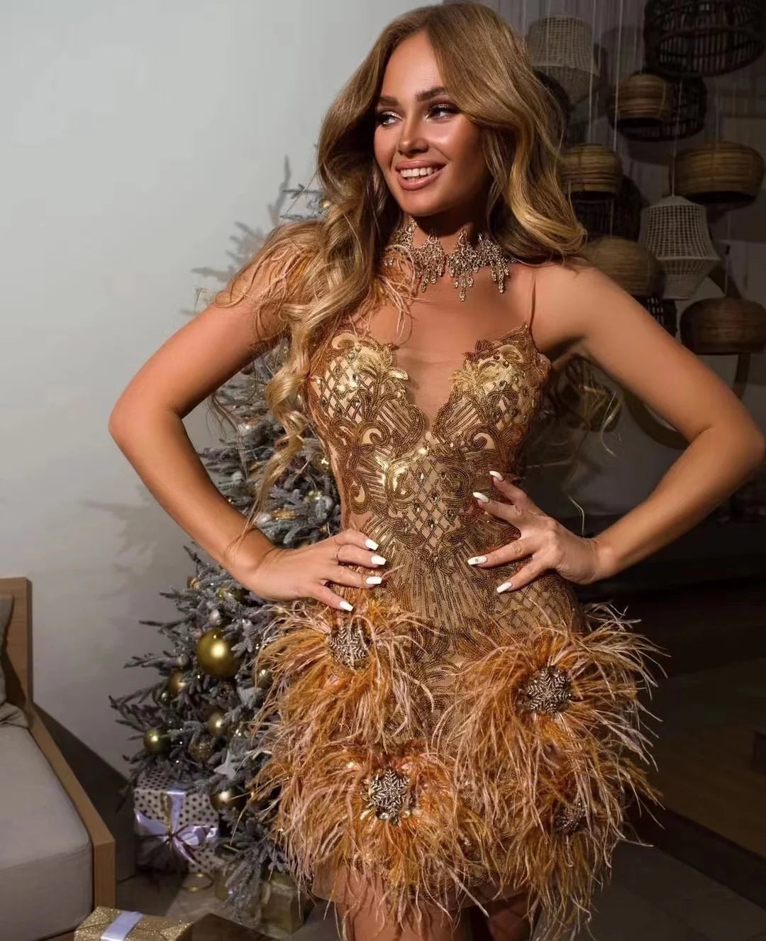 Elegant Gold Feather Sleeveless Bodycon Dress for Women - Sexy Evening Party Gown, Clubwear, Cocktail Dress - Perfect for Night Out, Date Night, and Special Occasions