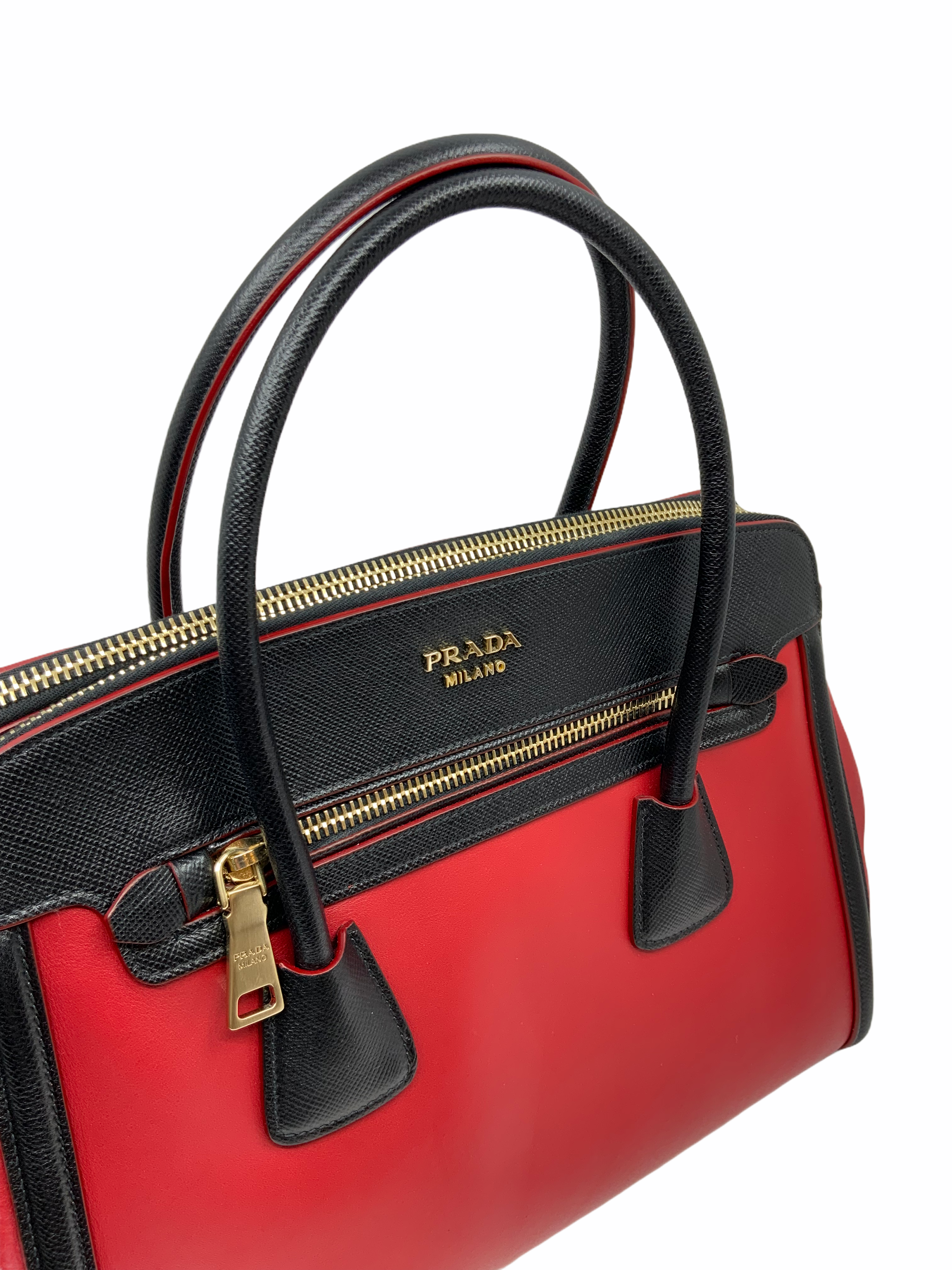 Prada Bi-Color Leather Front Zip Tote Bag with Adjustable Shoulder Strap - Luxury Designer Handbag for Women, Perfect for Work, Travel & Everyday Use