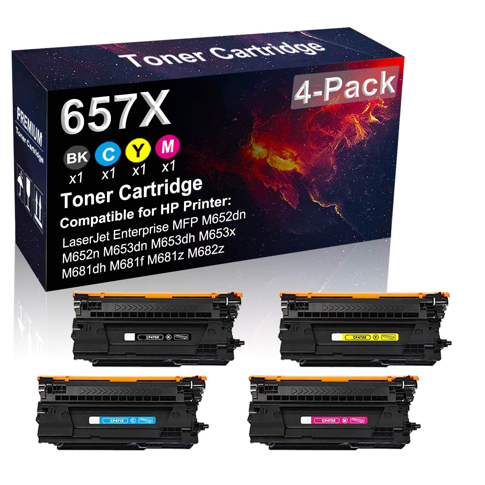 4-Pack (Black+Cyan+Yellow+Magenta) High Yield Compatible 657X (CF470X CF471X CF472X CF473X) Toner Cartridge for HP LaserJet MFP M652n M653x M682z Printers - Perfect for Office & Home Printing Needs