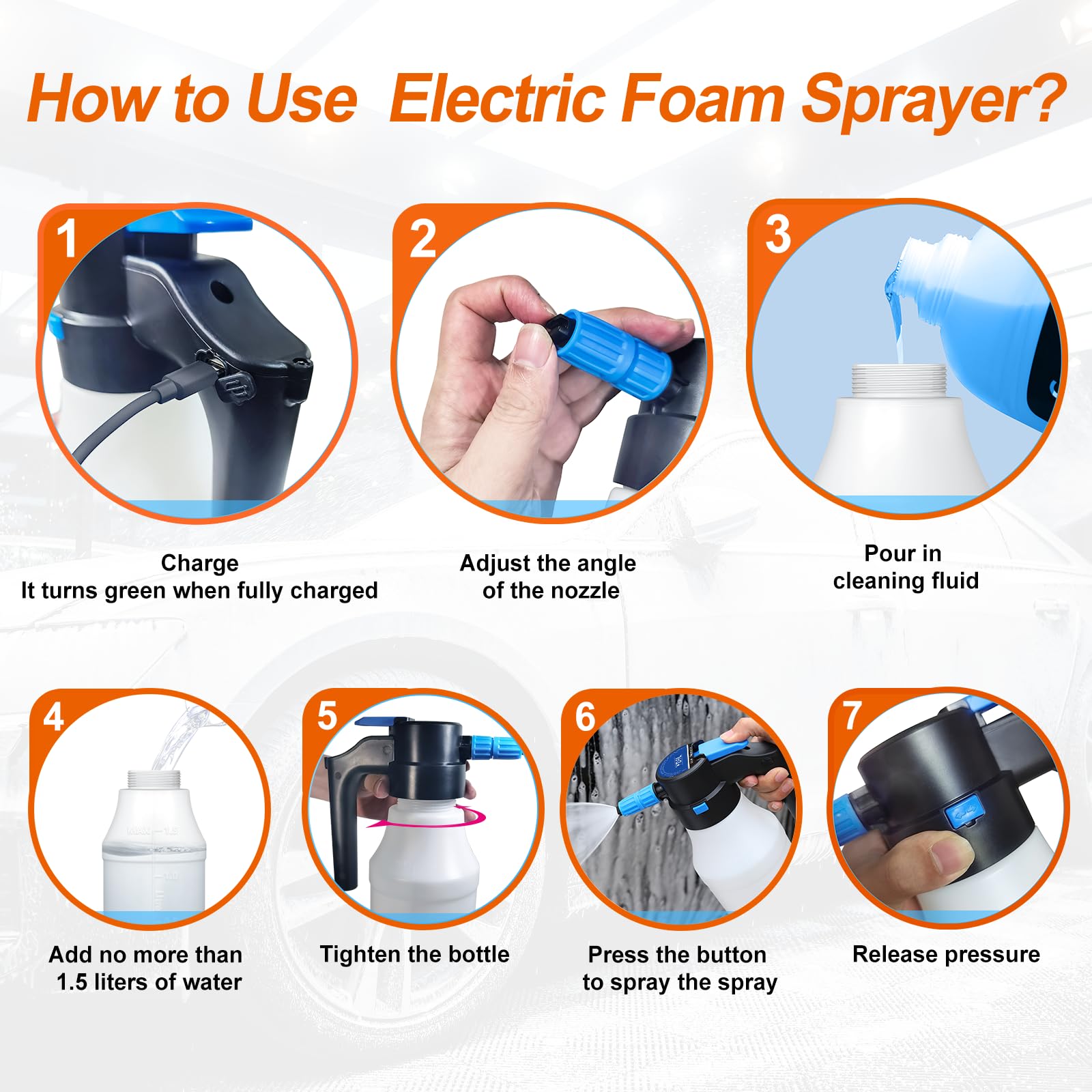 Electric Foam Sprayer with USB Rechargeable Battery - 1.5L Pressurized Car Wash Foam Cannon for Home, Garden & Auto Detailing | Perfect for Washing Cars, Motorcycles, Bikes & Outdoor Cleaning