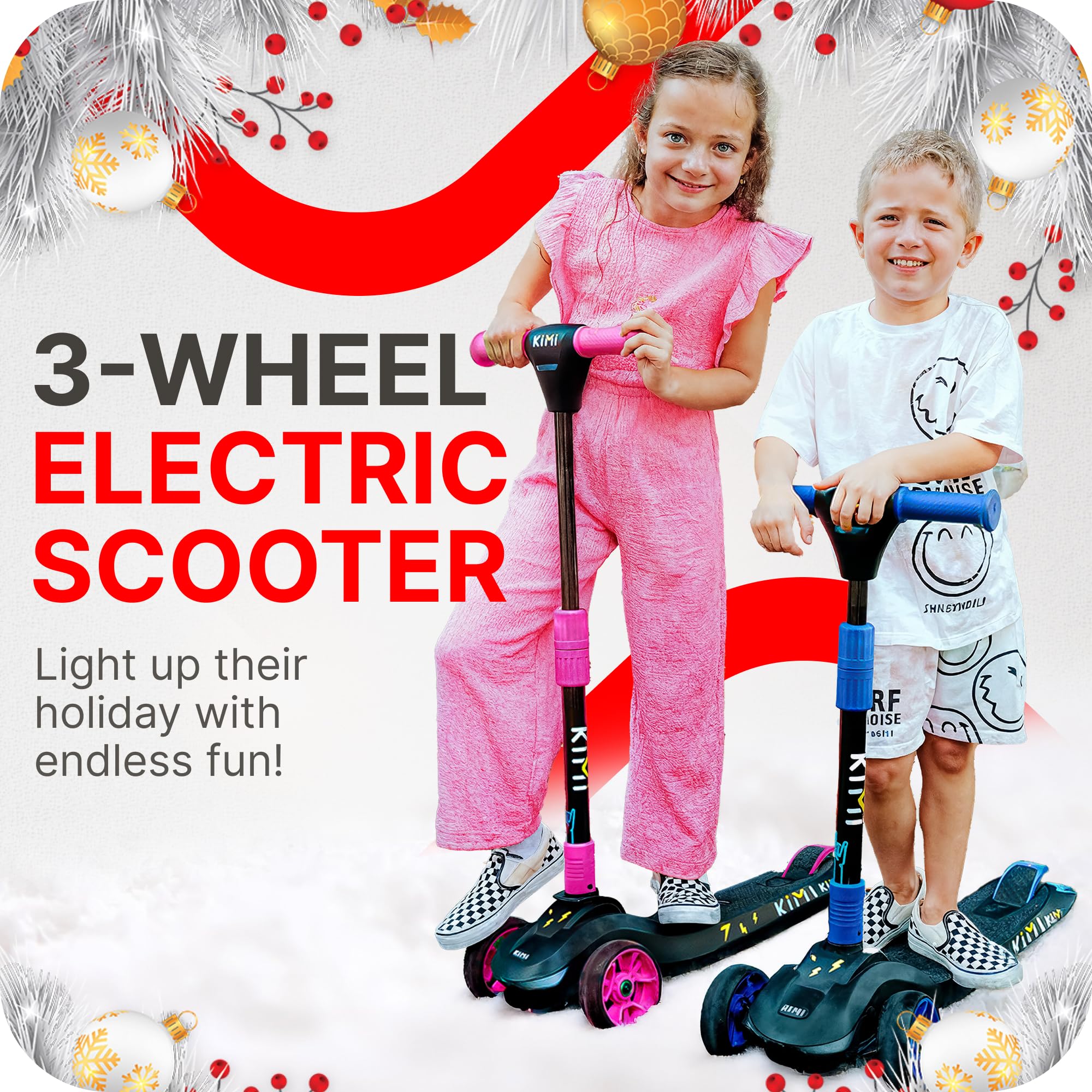 Kimi 3 Wheel Electric Scooter for Kids Ages 2-9 - Safe LED Light Up Wheels & Front Light, Foldable E-Scooter with 10 Mile Range - Perfect for Boys & Girls Outdoor Play, Commuting to School, and Neighborhood Rides