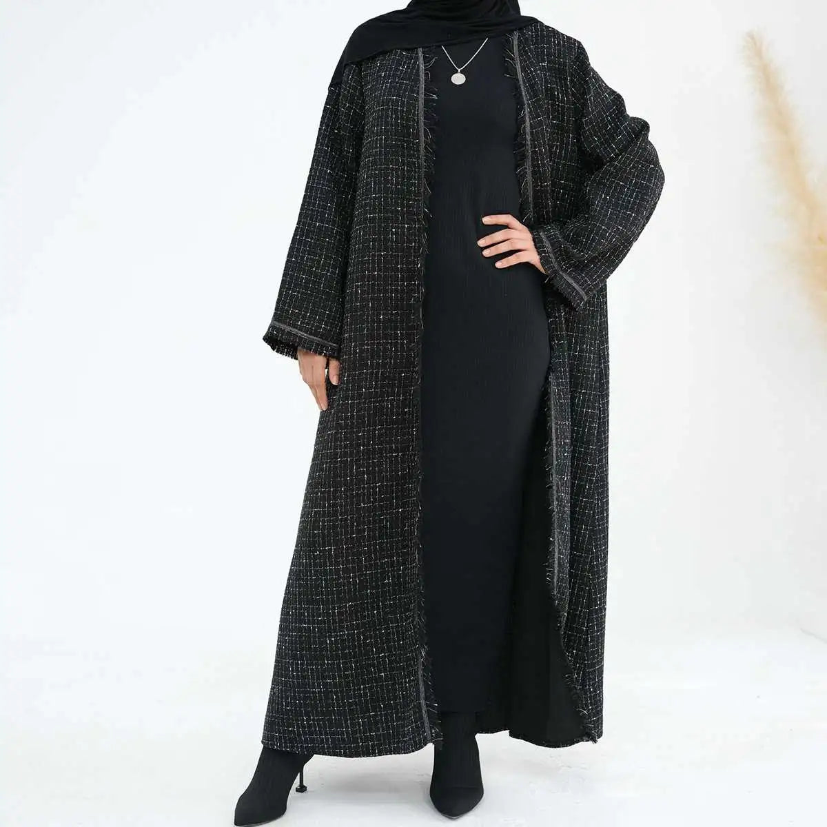 Winter Fall Thick Tassel Tweed Cardigan Open Abaya Coat - Women's Fashion Outerwear for Cold Weather, Layering & Modest Style