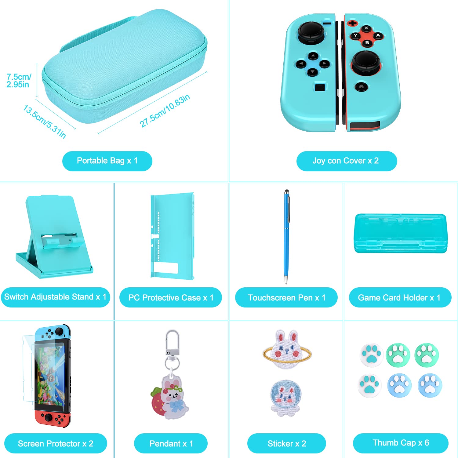 InnoAura 18-in-1 Nintendo Switch Accessories Kit - Protective Case, Game Storage, Screen Protector, Stand & Joy-Con Caps (Blue) | Perfect for Travel, Gaming Parties & Switch OLED Protection